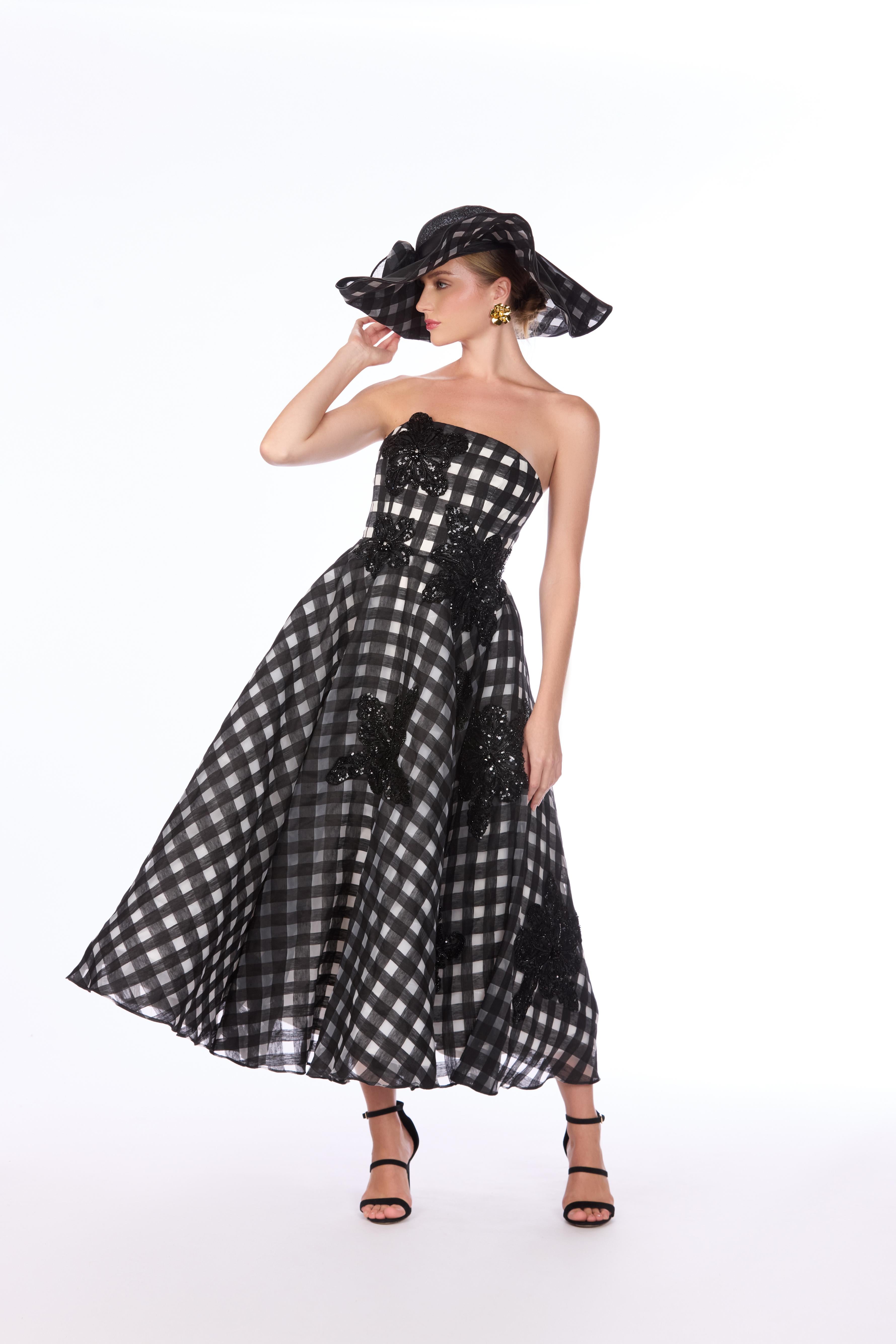 Linen Organza Windowpane Floral Embroidered Dress