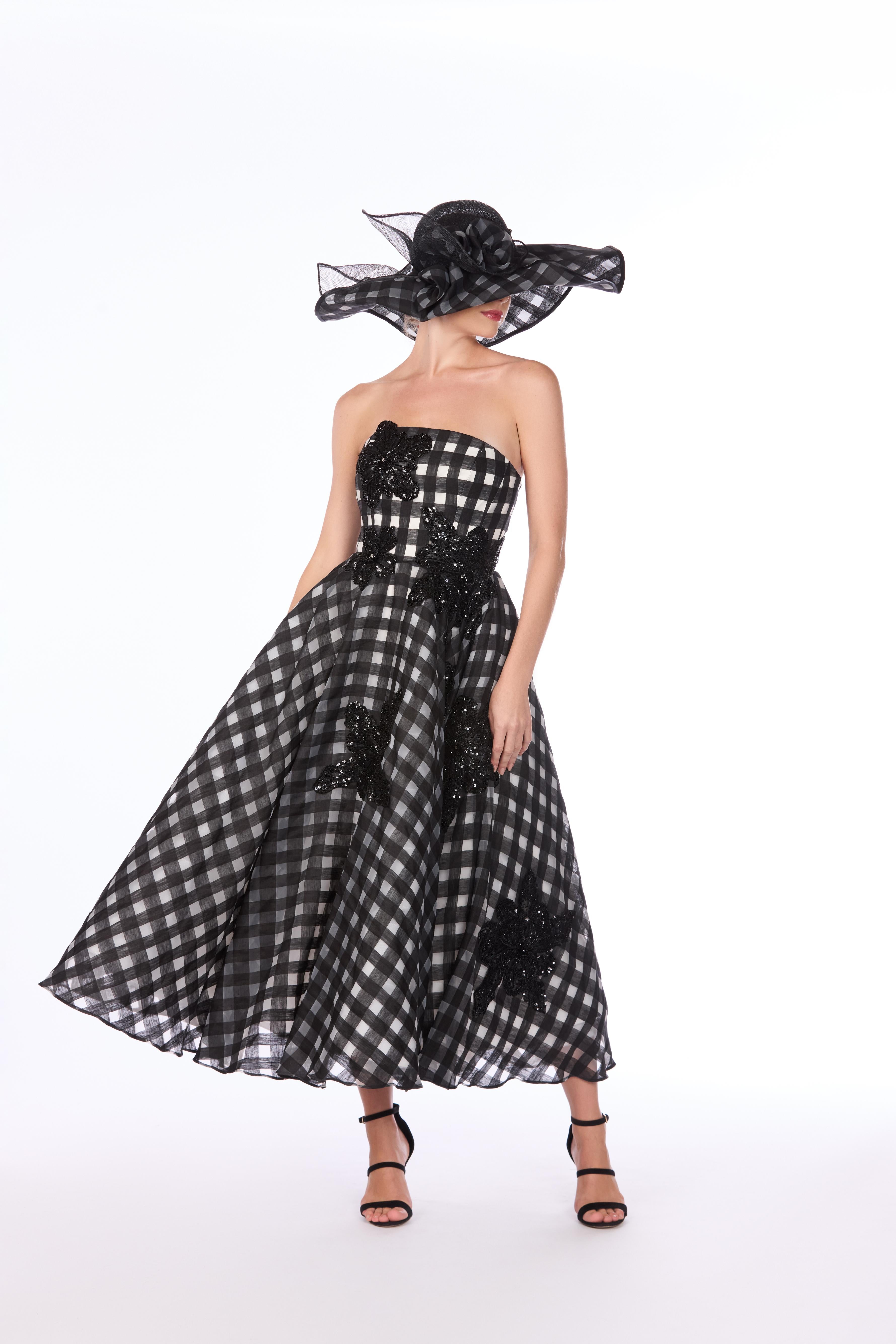 Linen Organza Windowpane Floral Embroidered Dress
