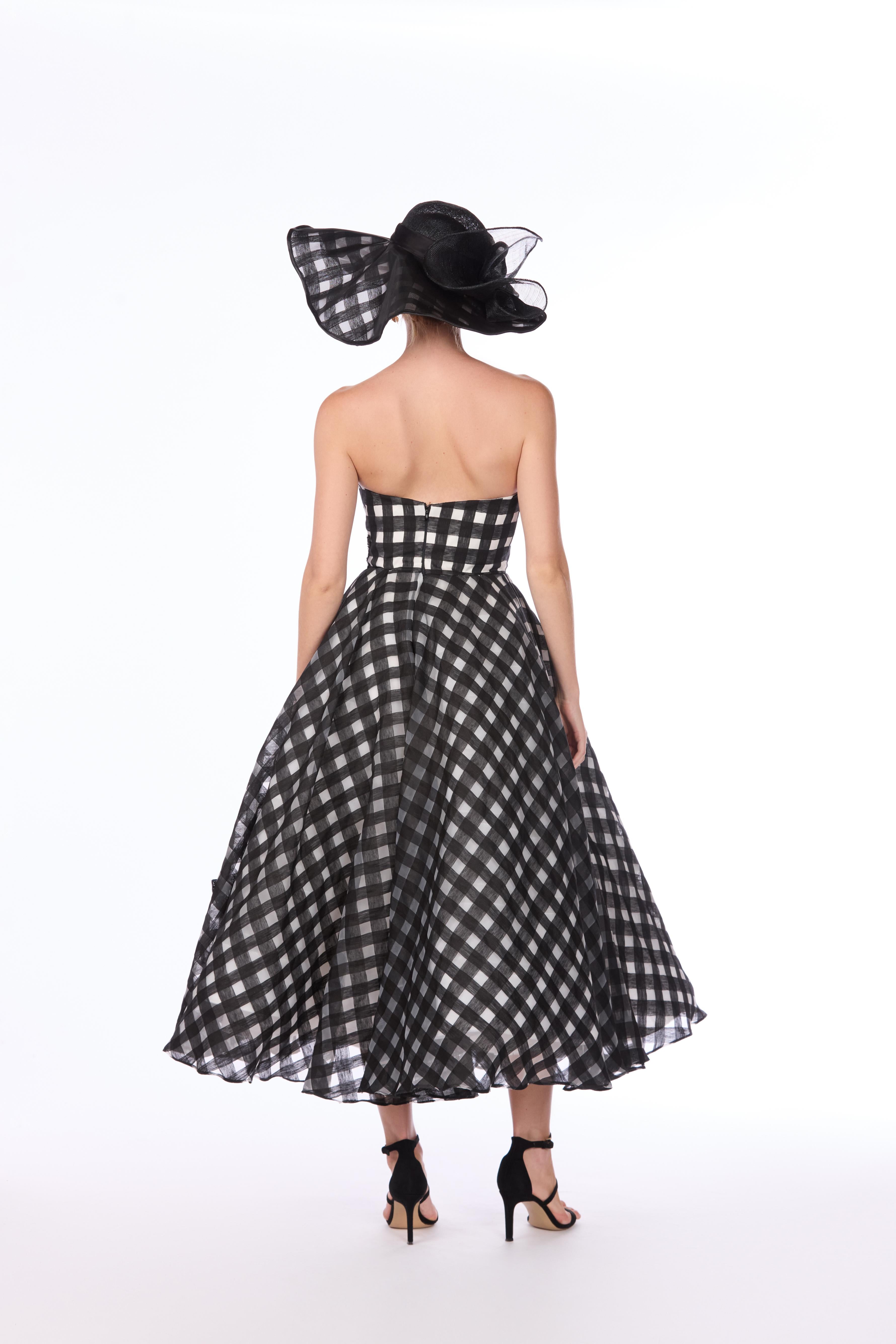 Linen Organza Windowpane Floral Embroidered Dress