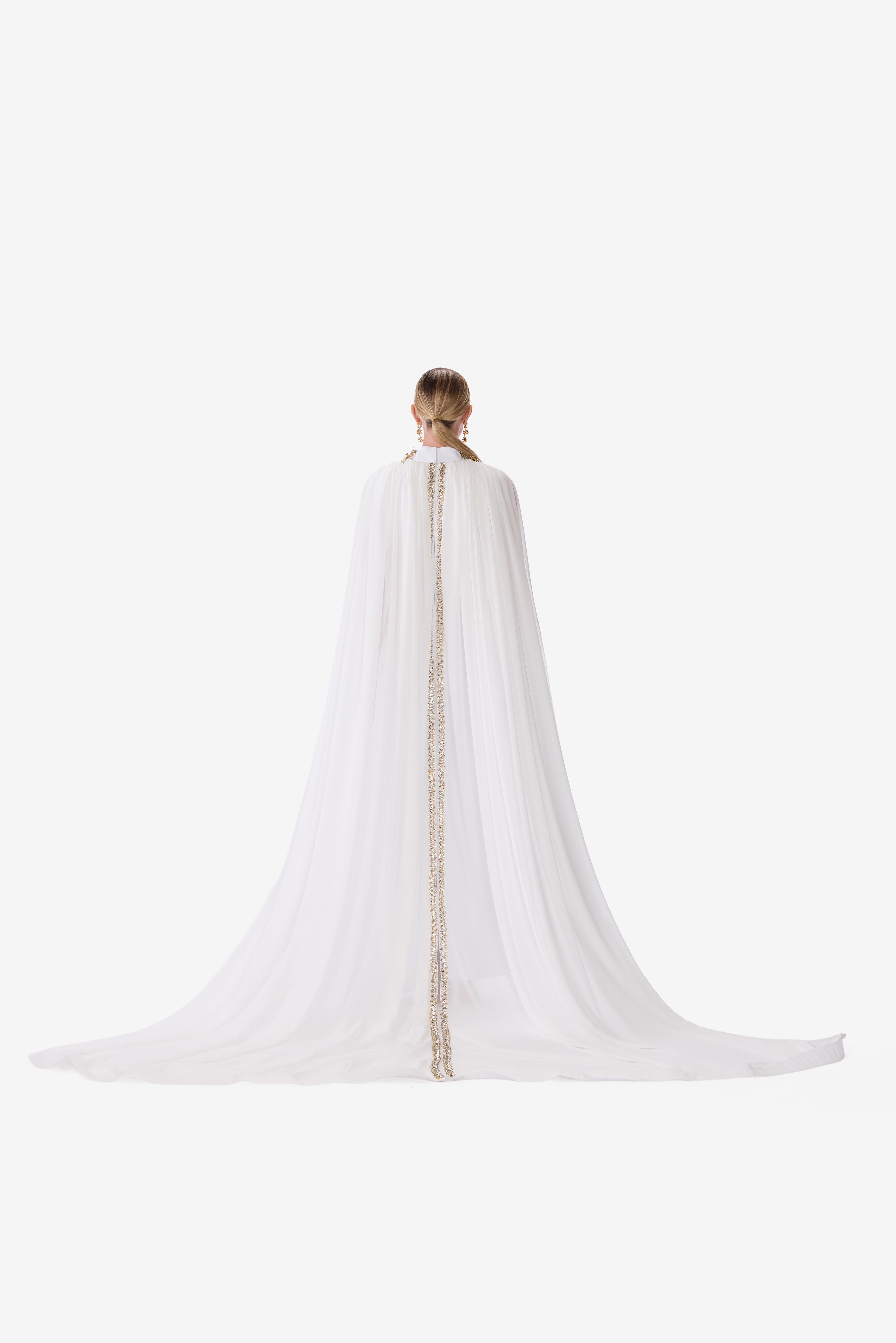 Embellished High-Neck Cape Gown