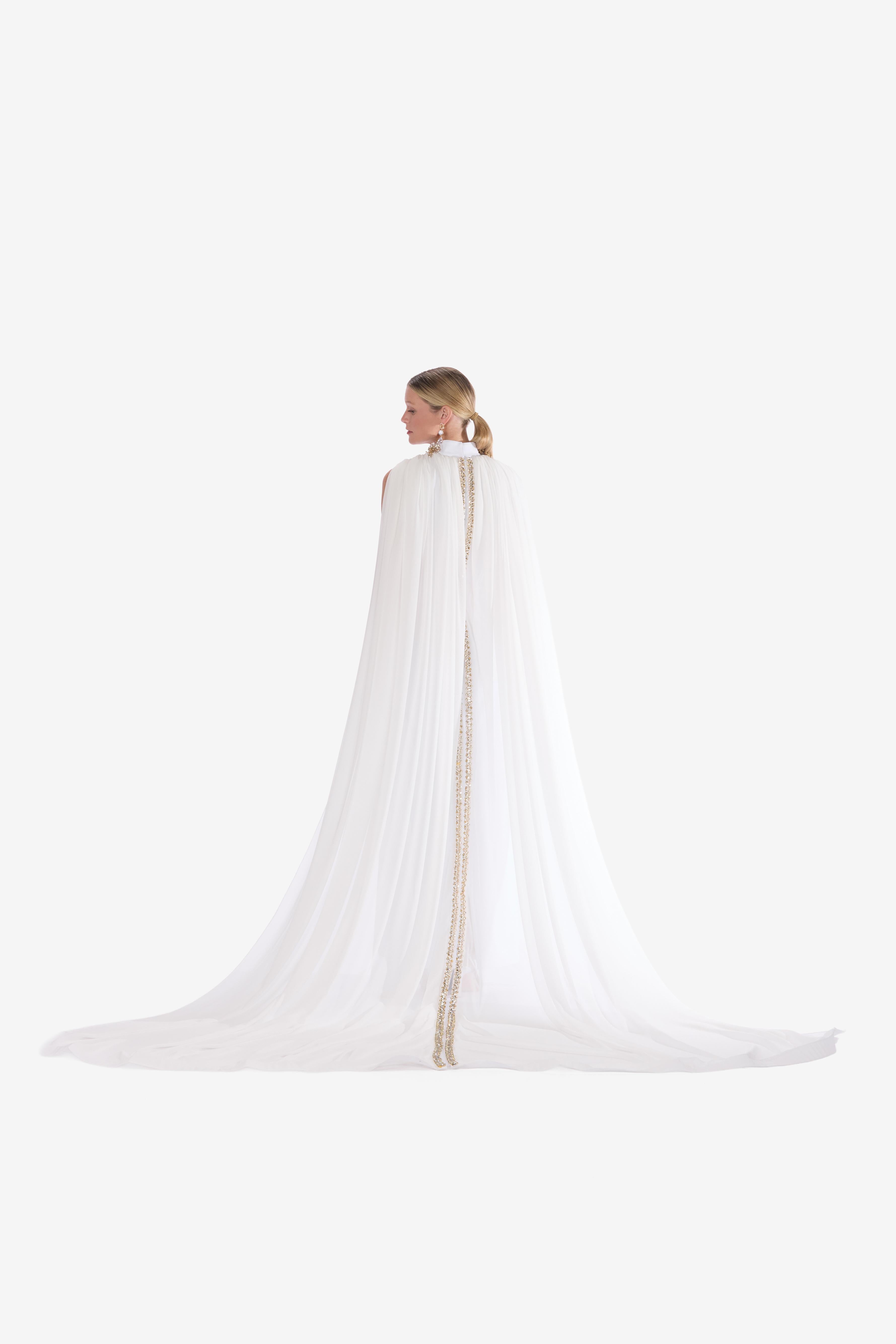 Embellished High-Neck Cape Gown