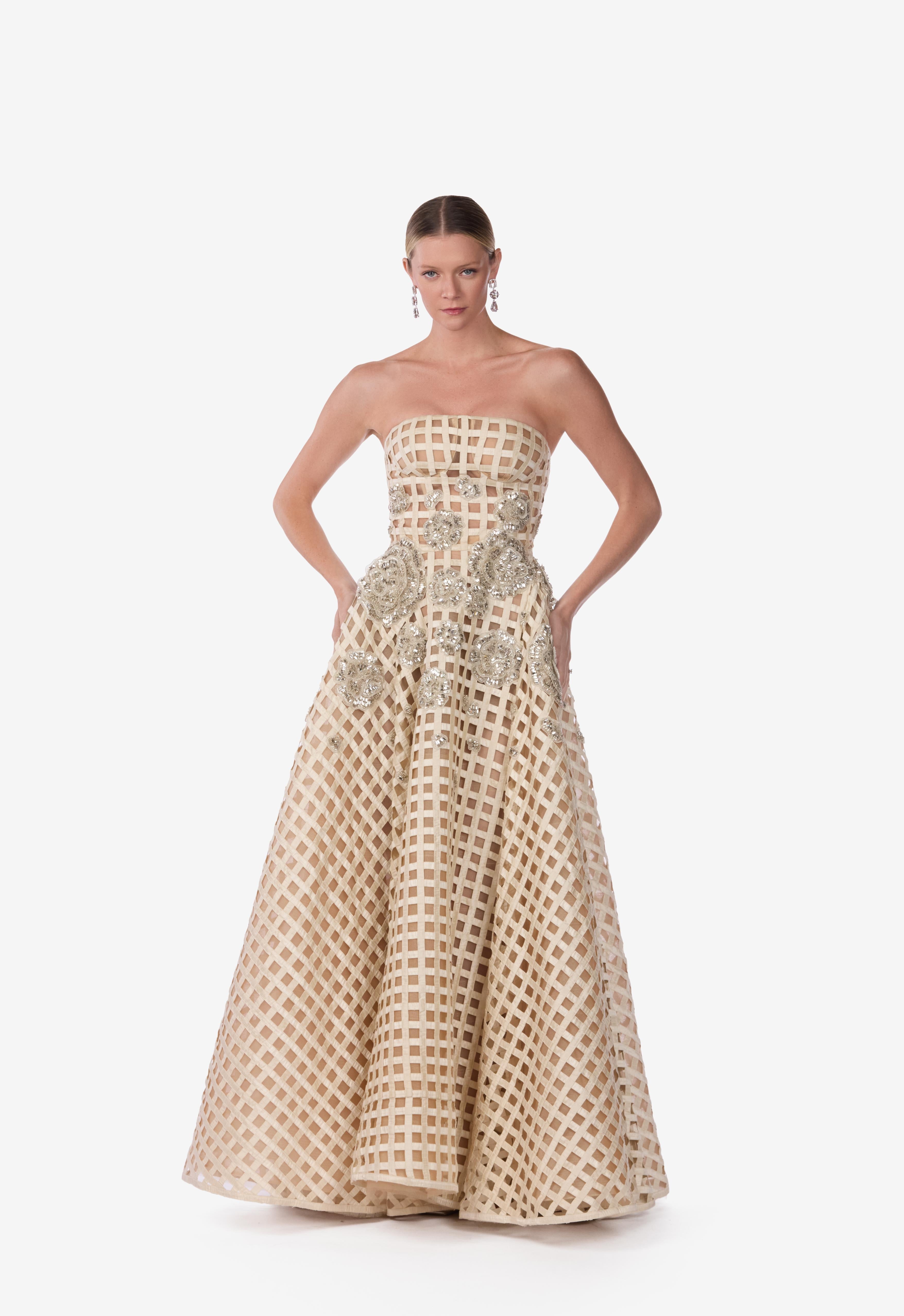 Strapless Crystal Bloom Grid Slik Gown