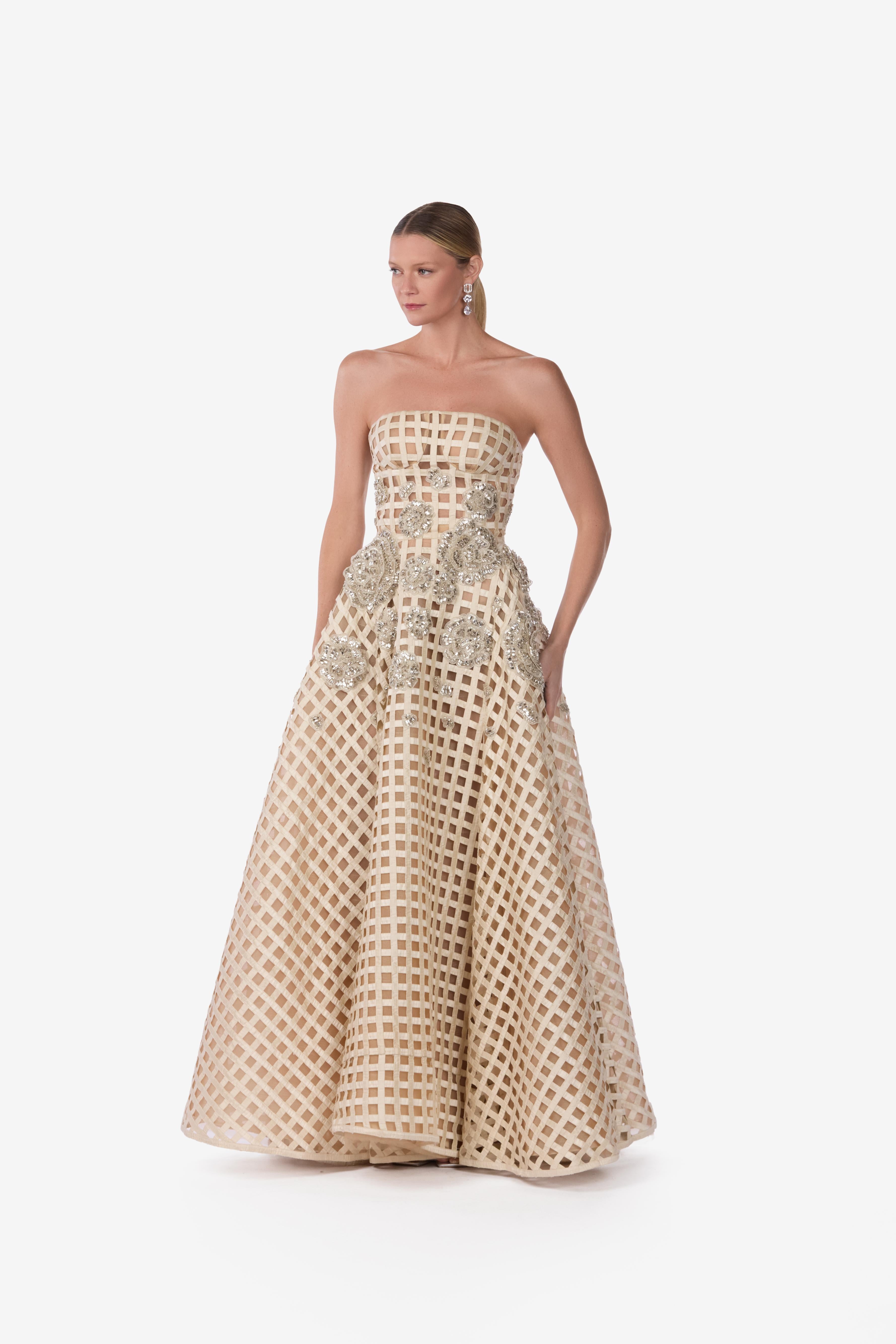 Strapless Crystal Bloom Grid Silk Gown