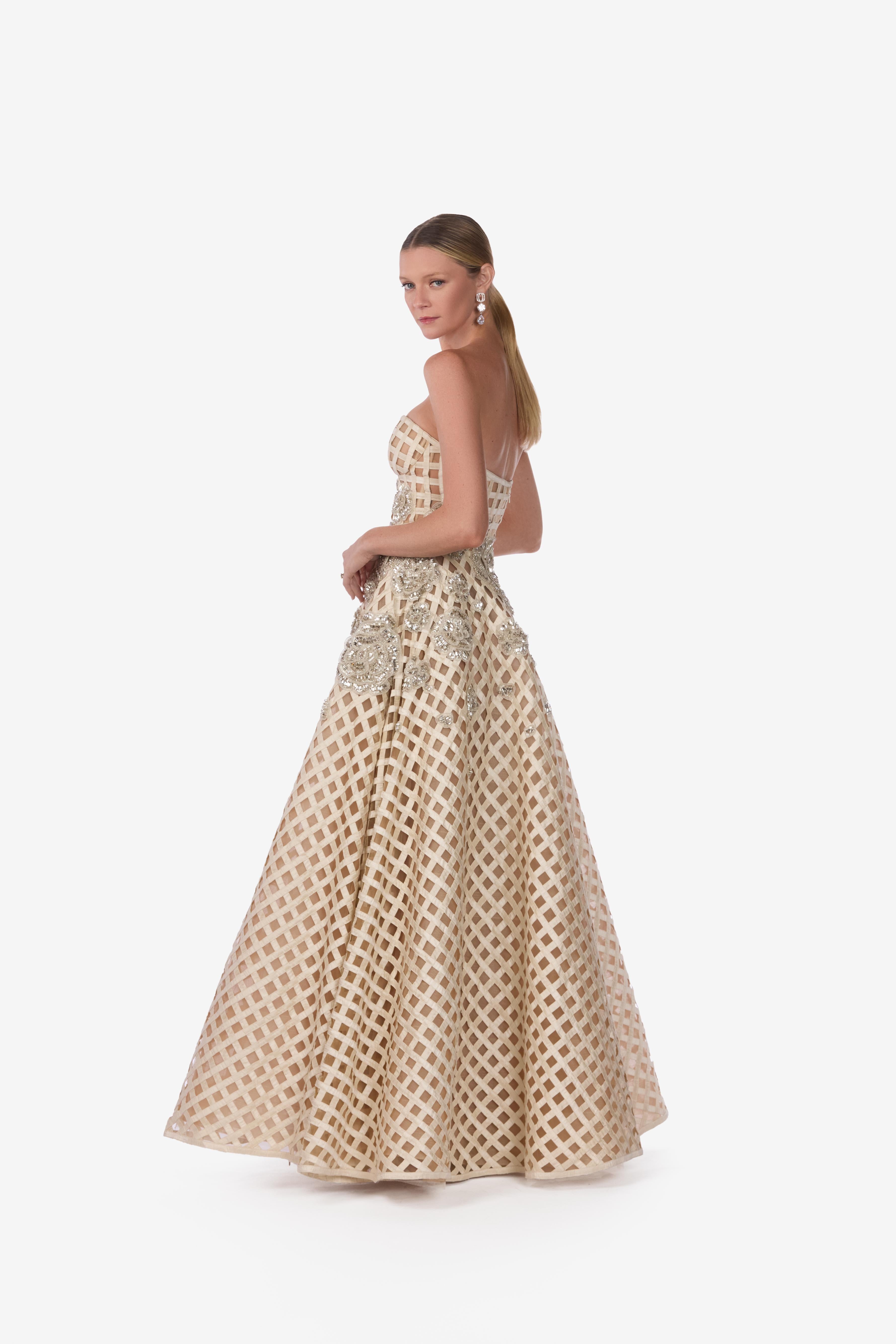Strapless Crystal Bloom Grid Silk Gown