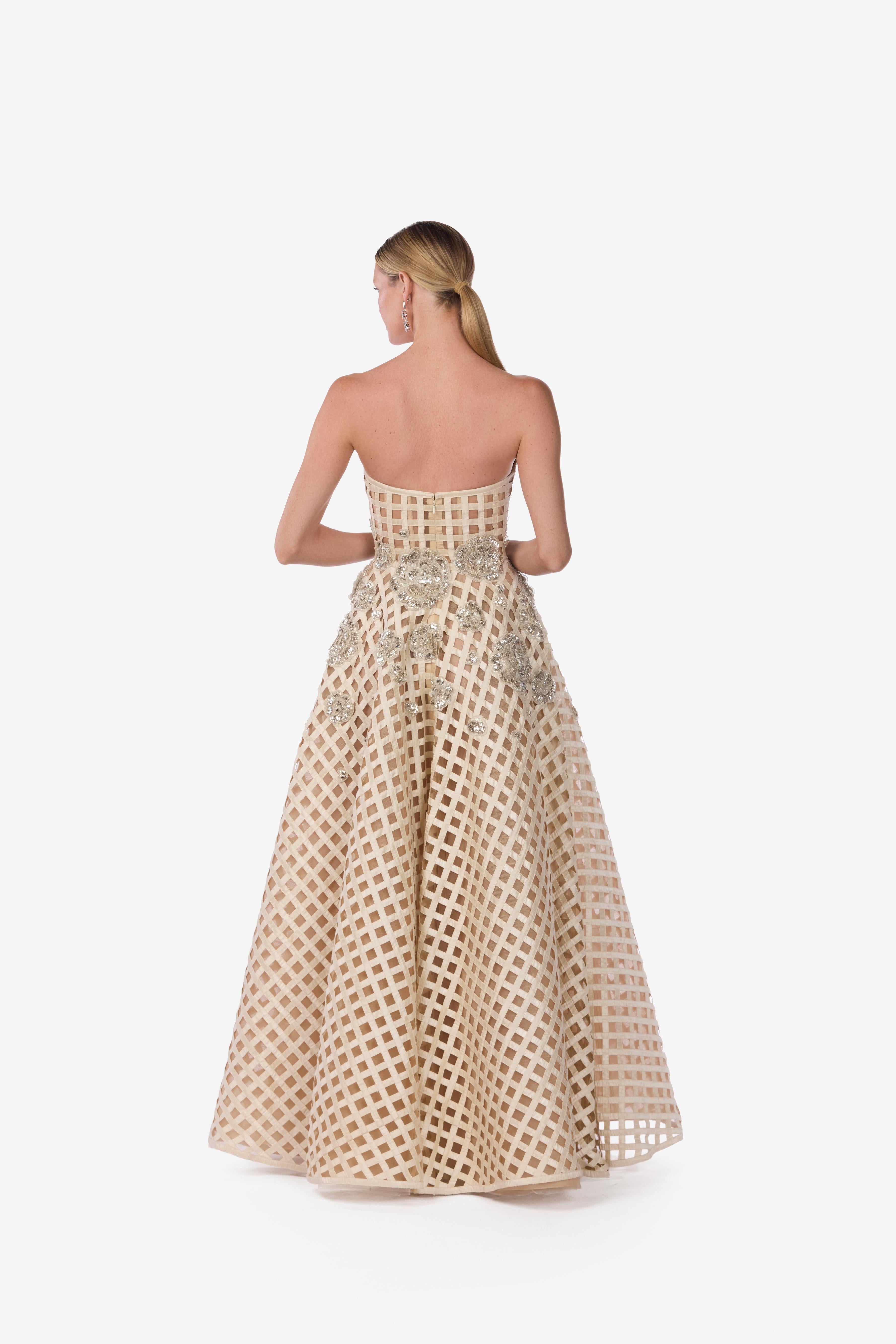 Strapless Crystal Bloom Grid Silk Gown