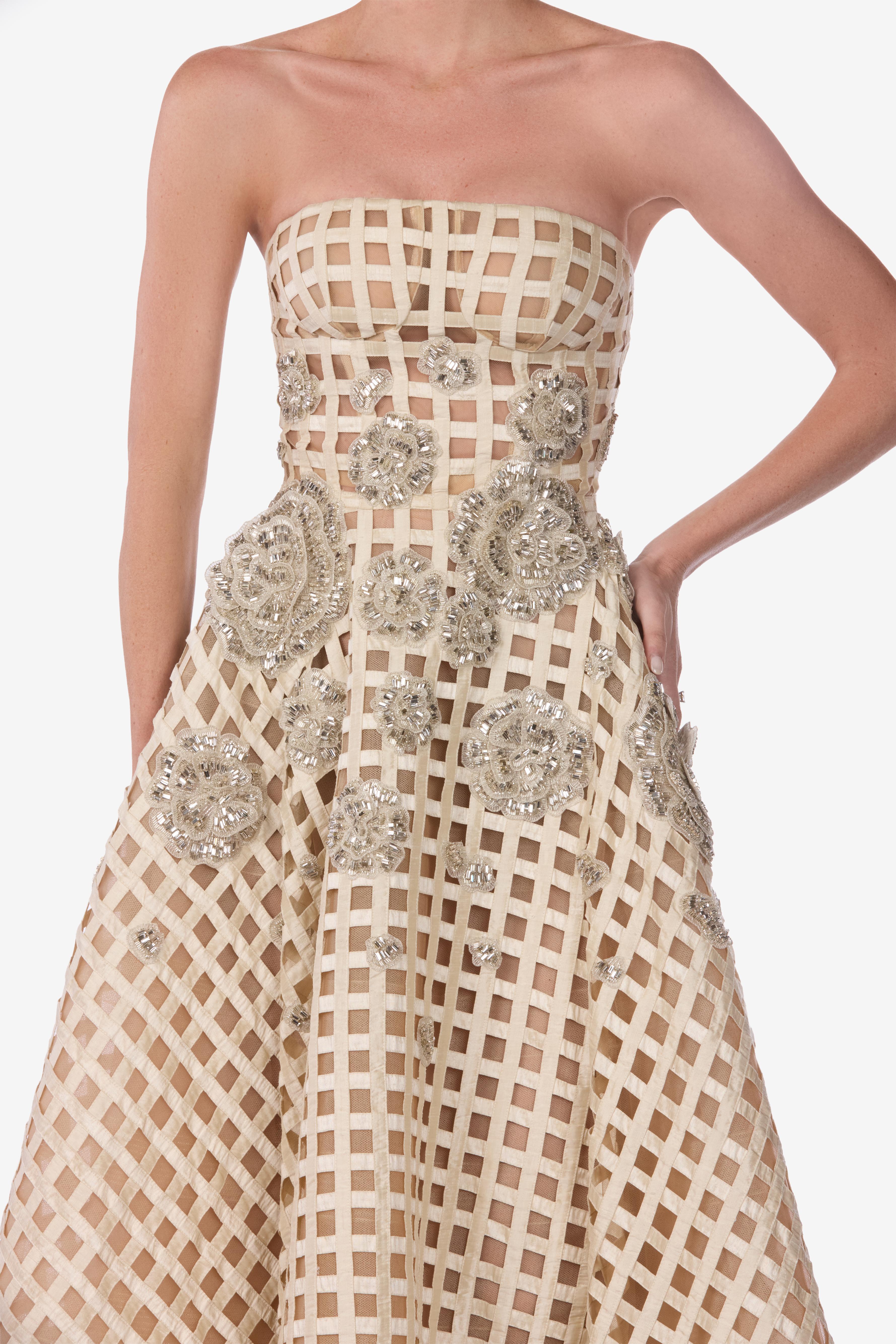 Strapless Crystal Bloom Grid Slik Gown