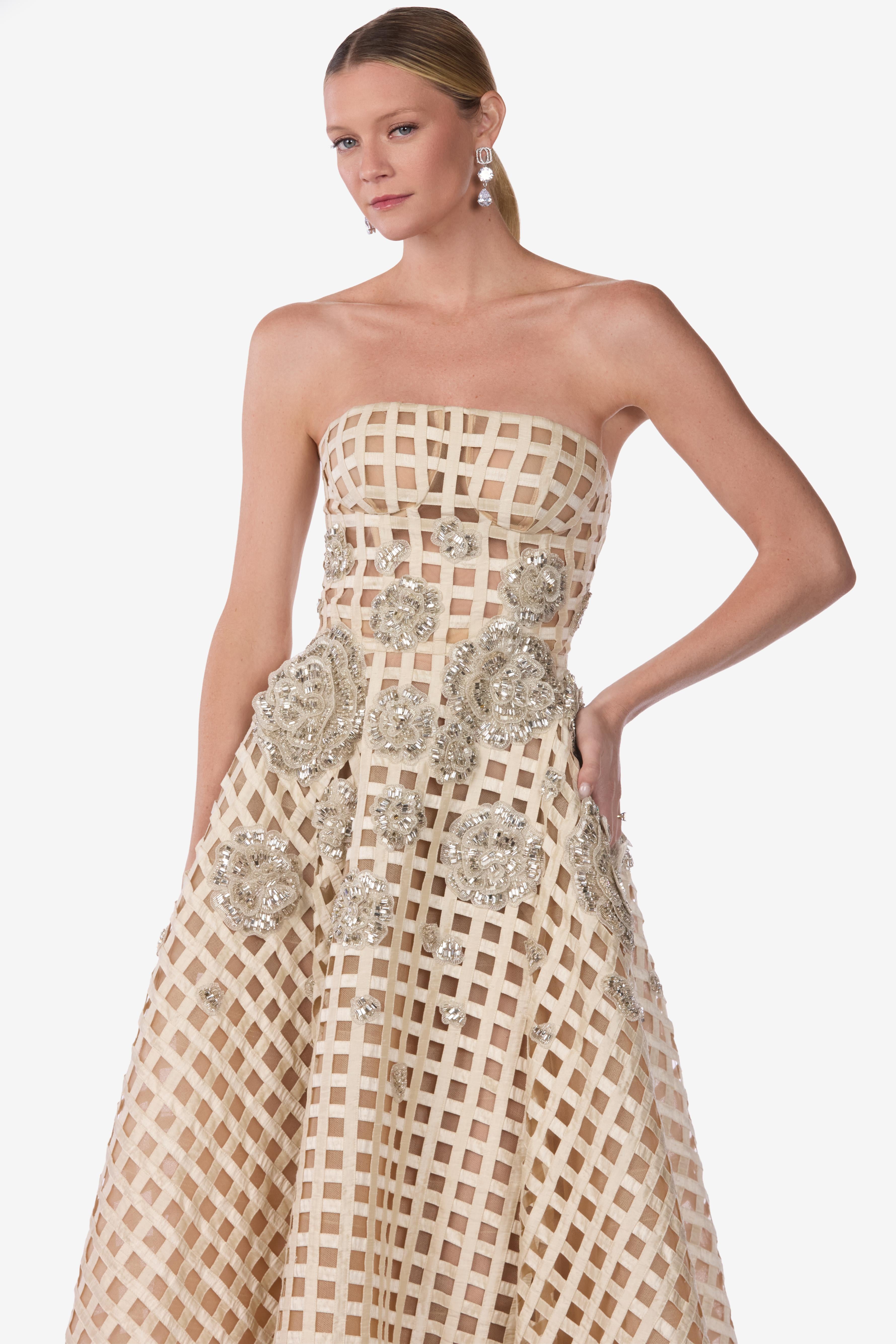 Strapless Crystal Bloom Grid Silk Gown