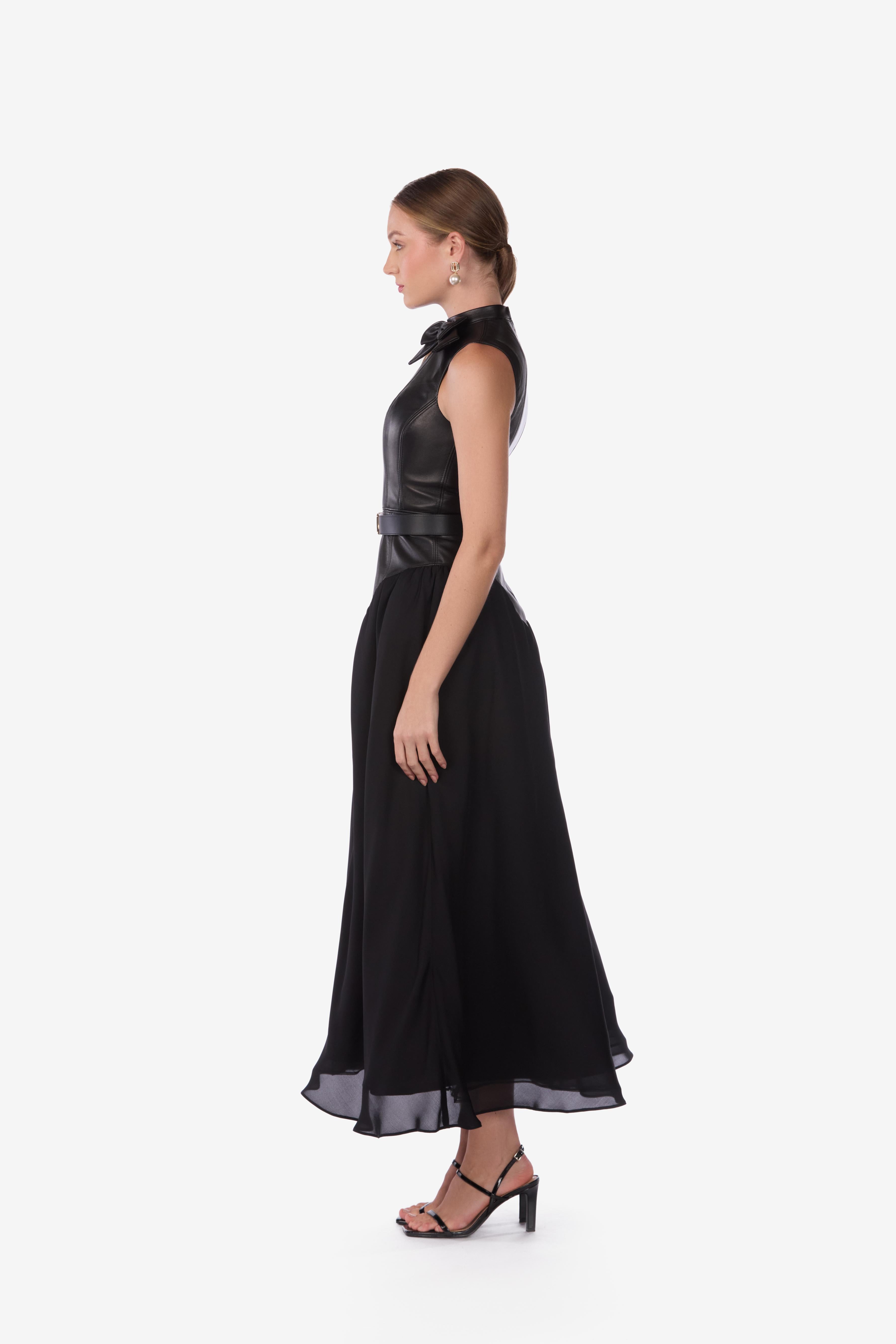 Lambskin Leather Silk Georgette Midi Dress