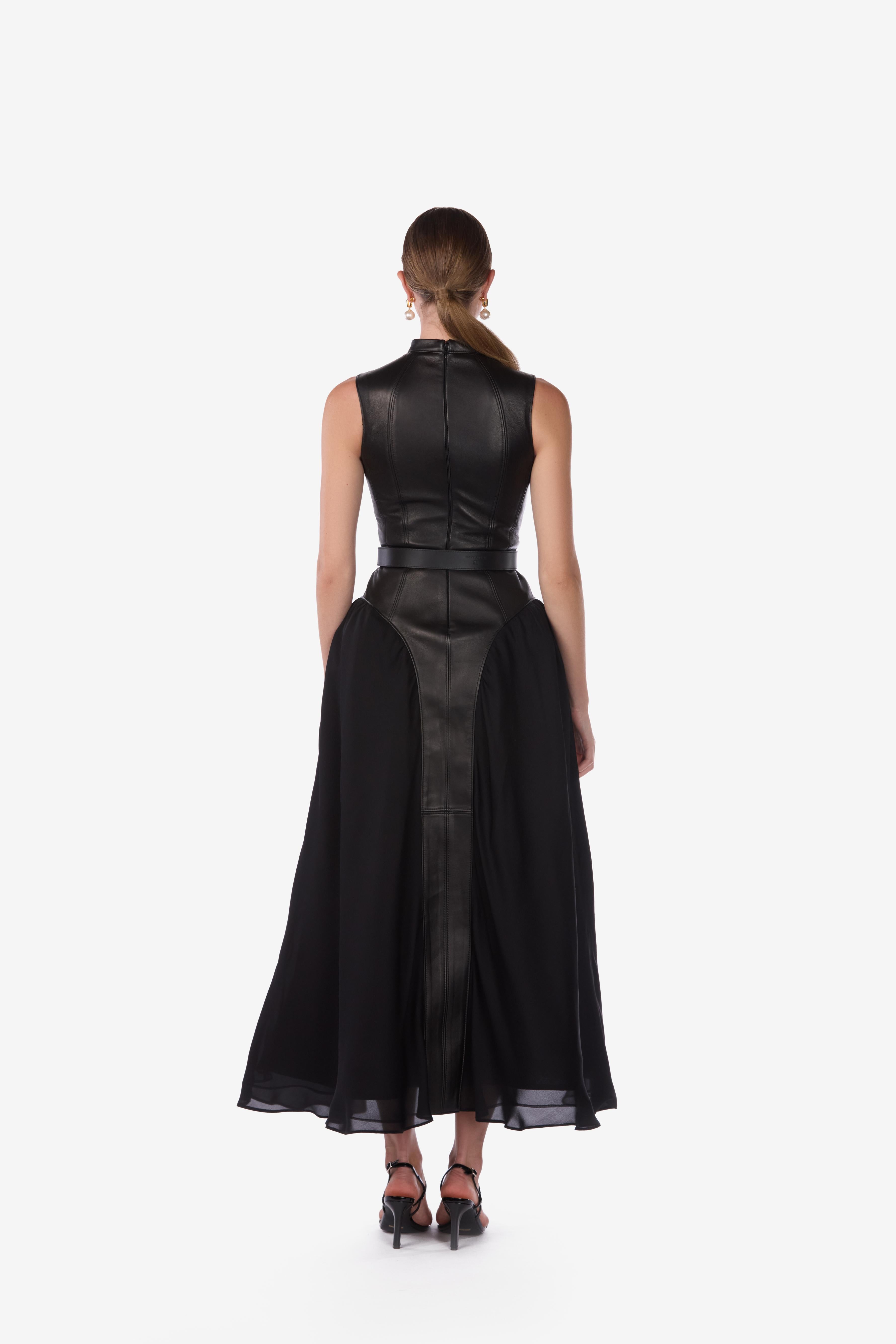 Lambskin Leather Silk Georgette Midi Dress