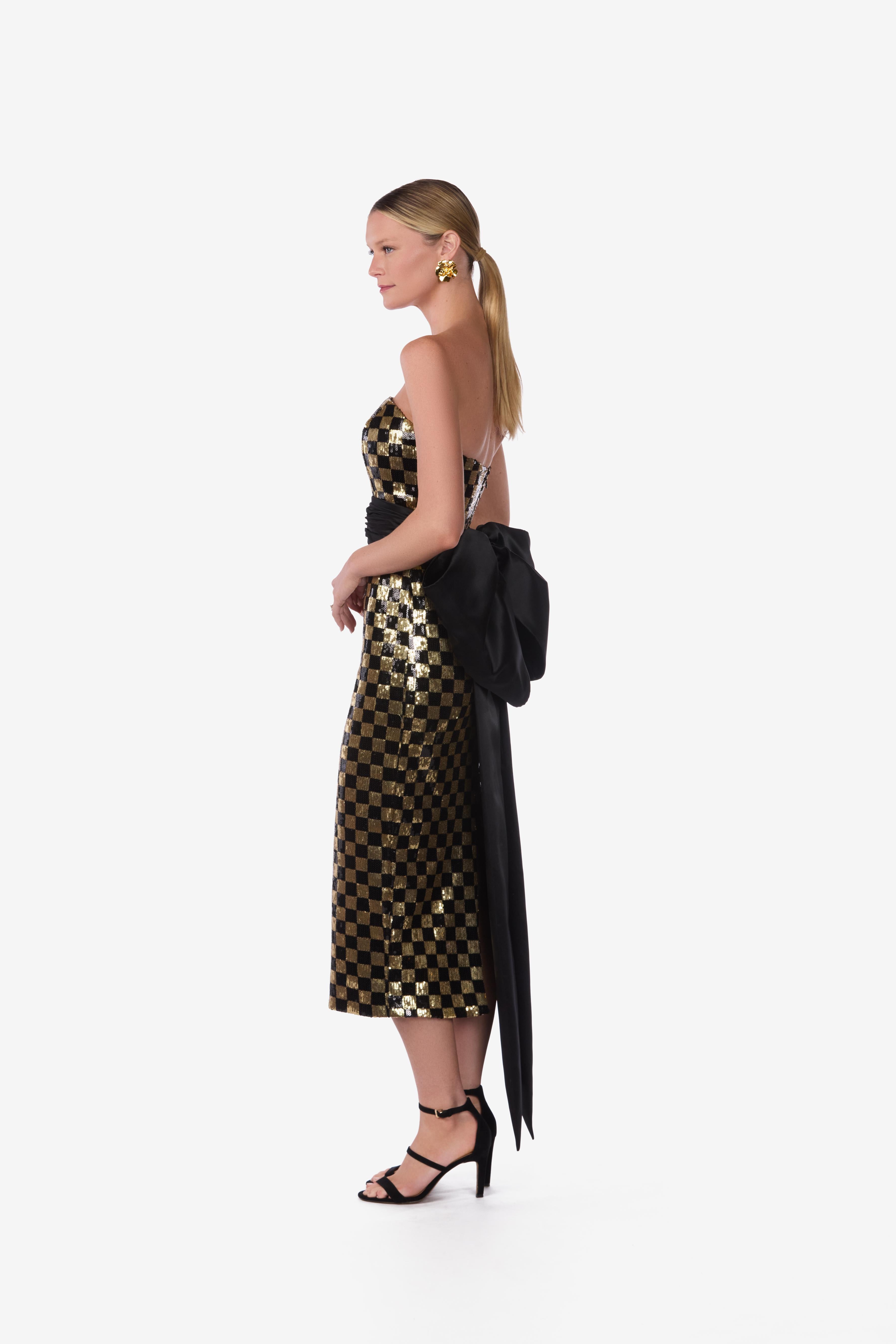 Strapless Checkered Sequin Midi Dress with Oversized Bow Belt