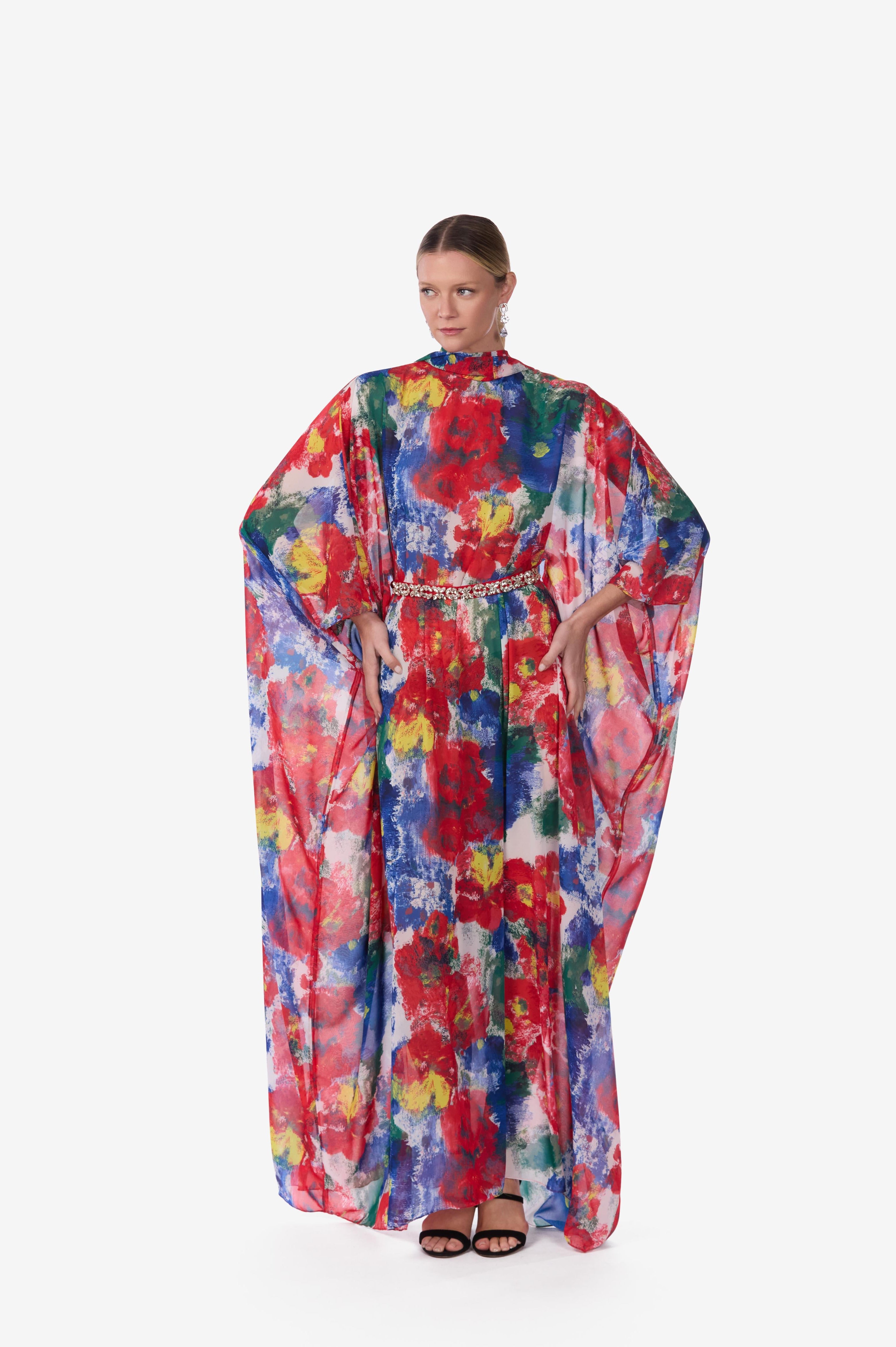Floral watercolor chiffon caftan