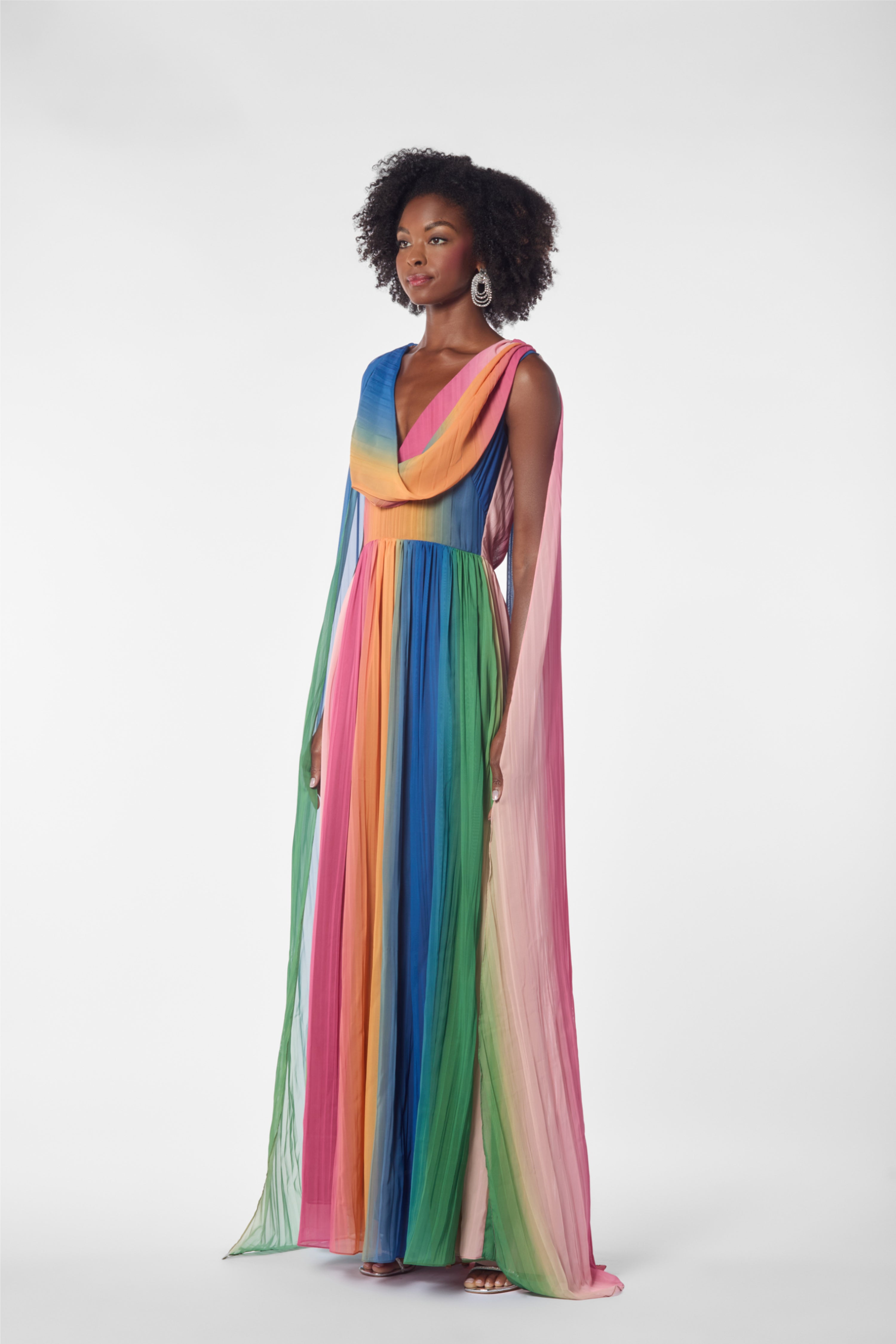 Ombre Pleated Chiffon Cape Back Caftan Gown