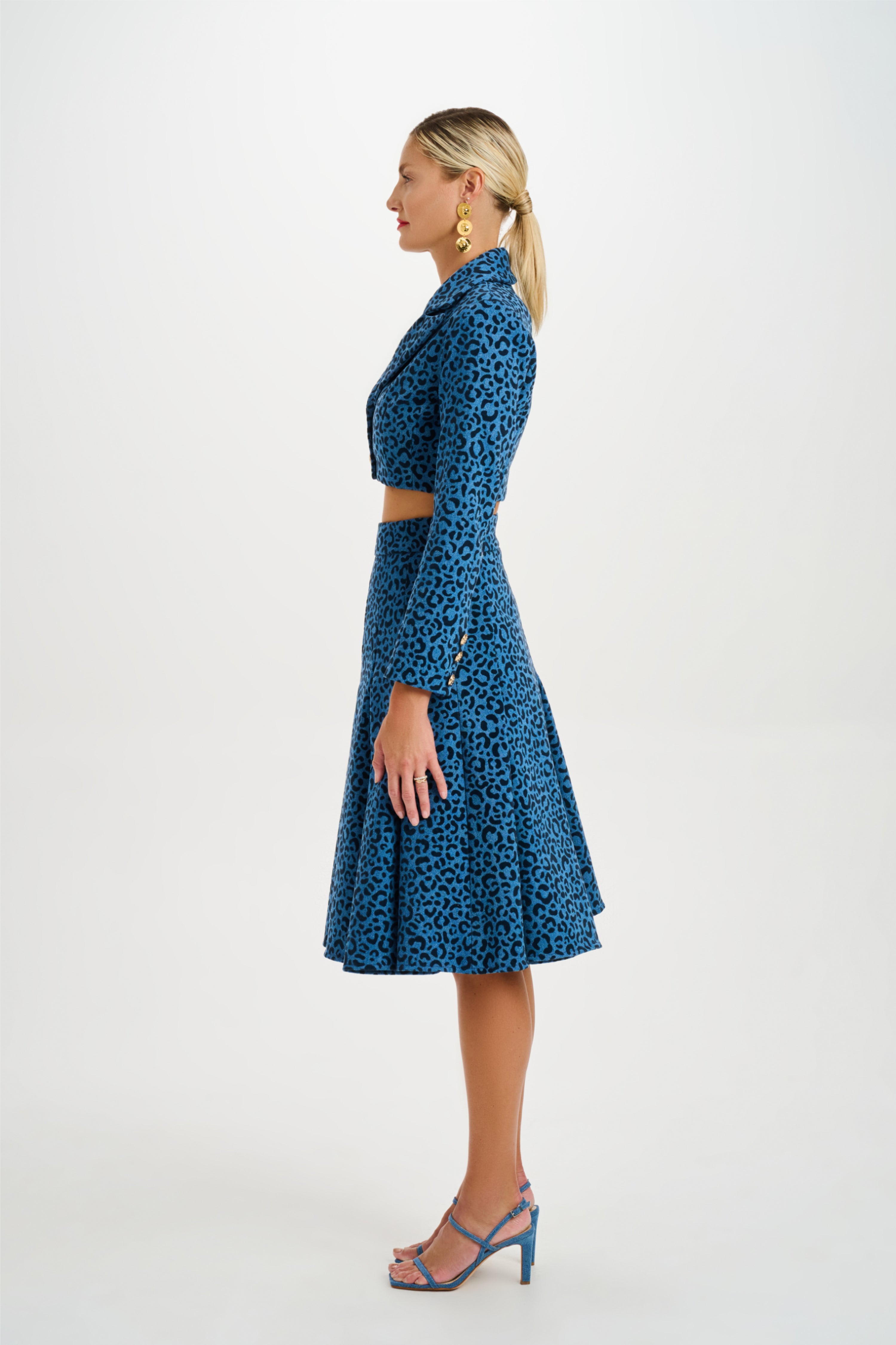 Velvet Animal Print Denim Pleated Skirt