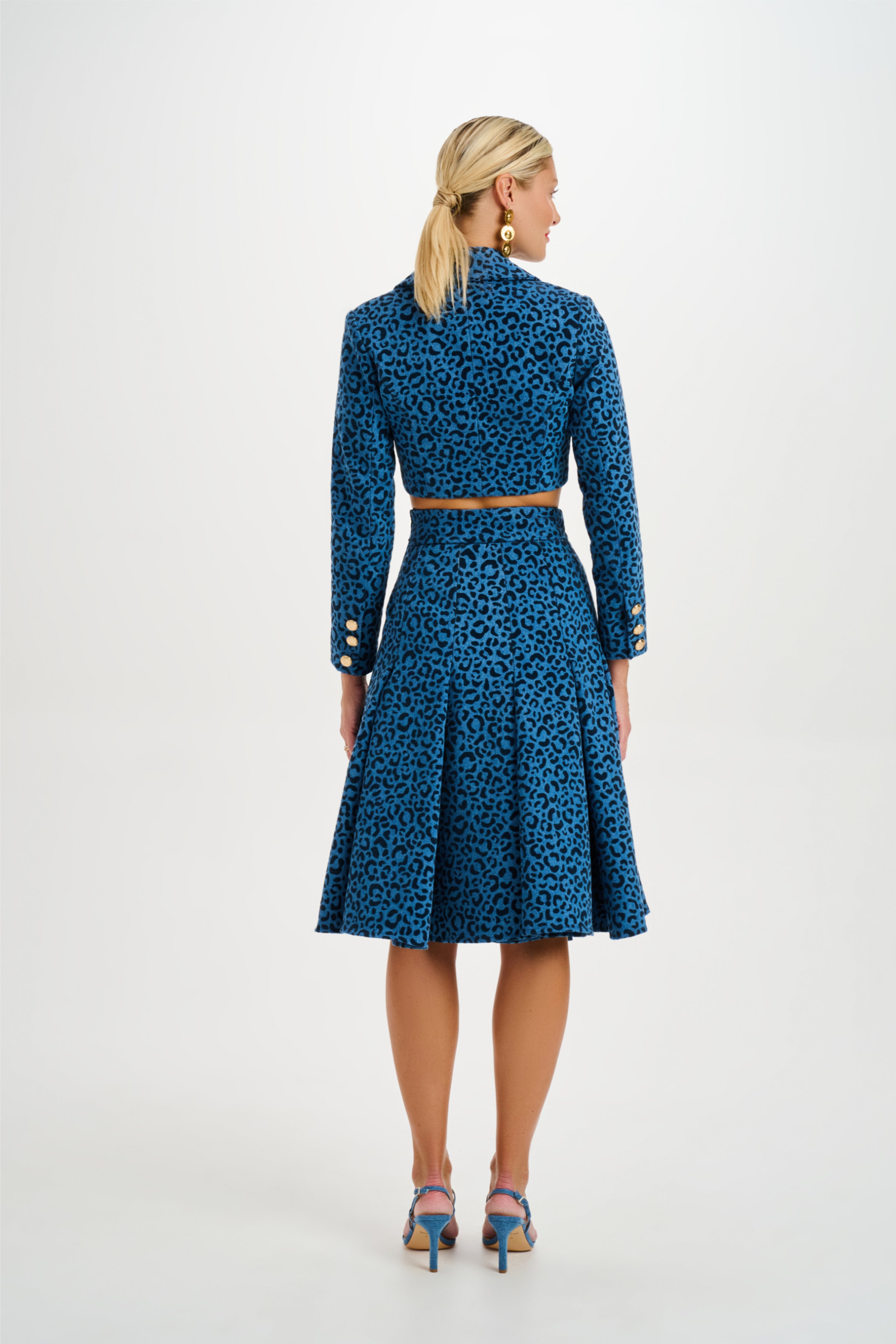 Velvet Animal Print Denim Pleated Skirt