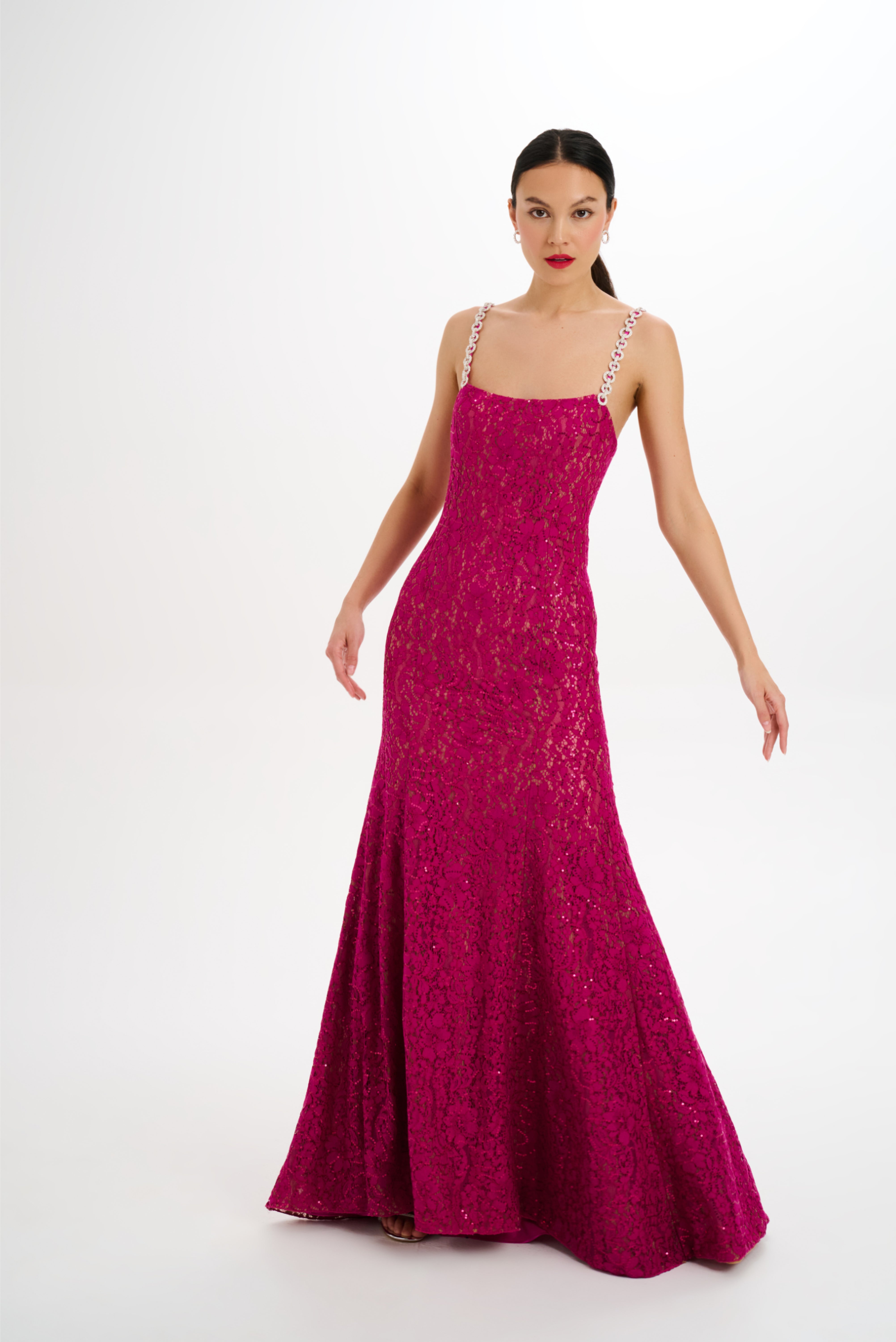 Crystal Straps Embroidered Sequin Lace Gown