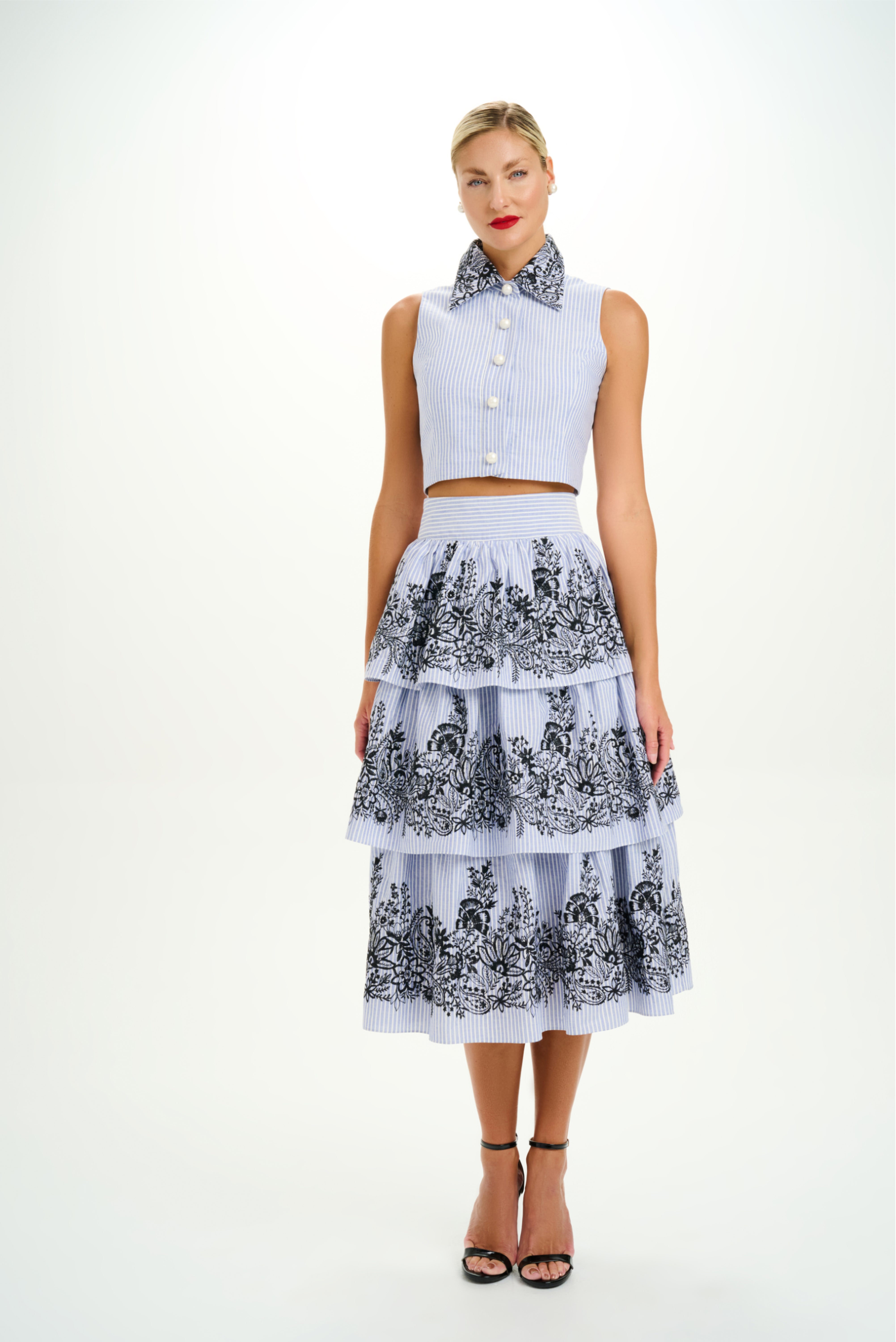 Floral Embroidered Layered Midi Skirt