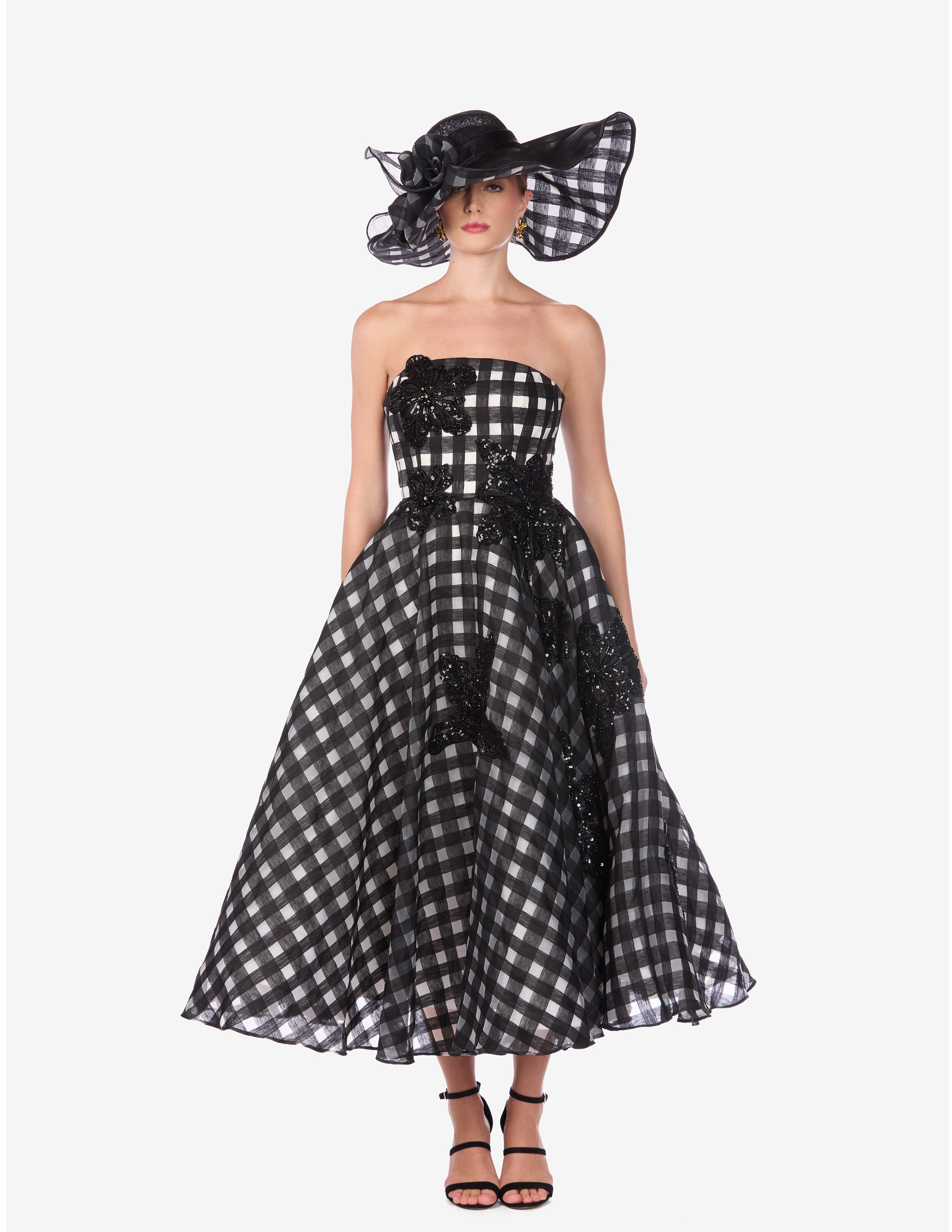 Linen Organza Windowpane Floral Embroidered Dress