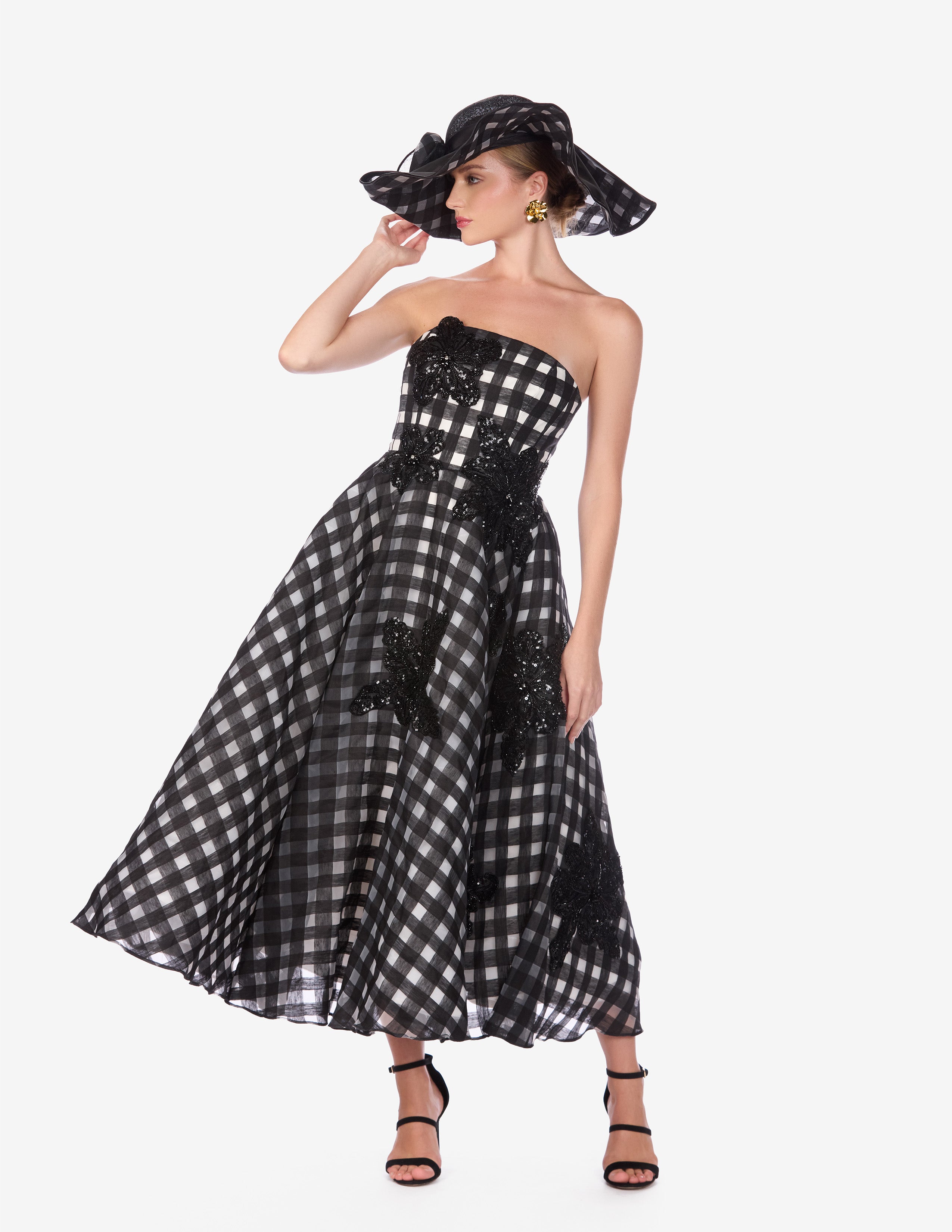 Linen Organza Windowpane Floral Embroidered Dress