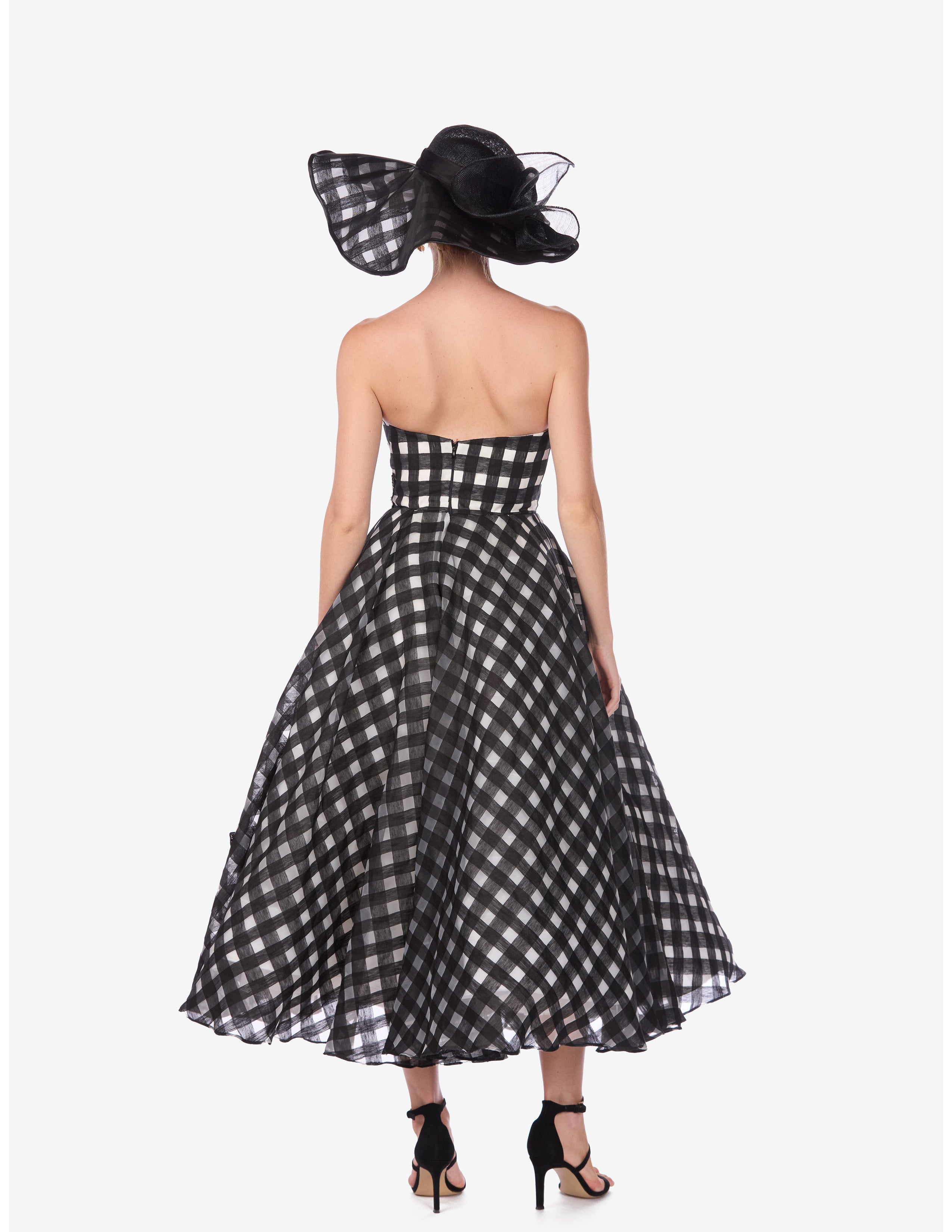 Linen Organza Windowpane Floral Embroidered Dress