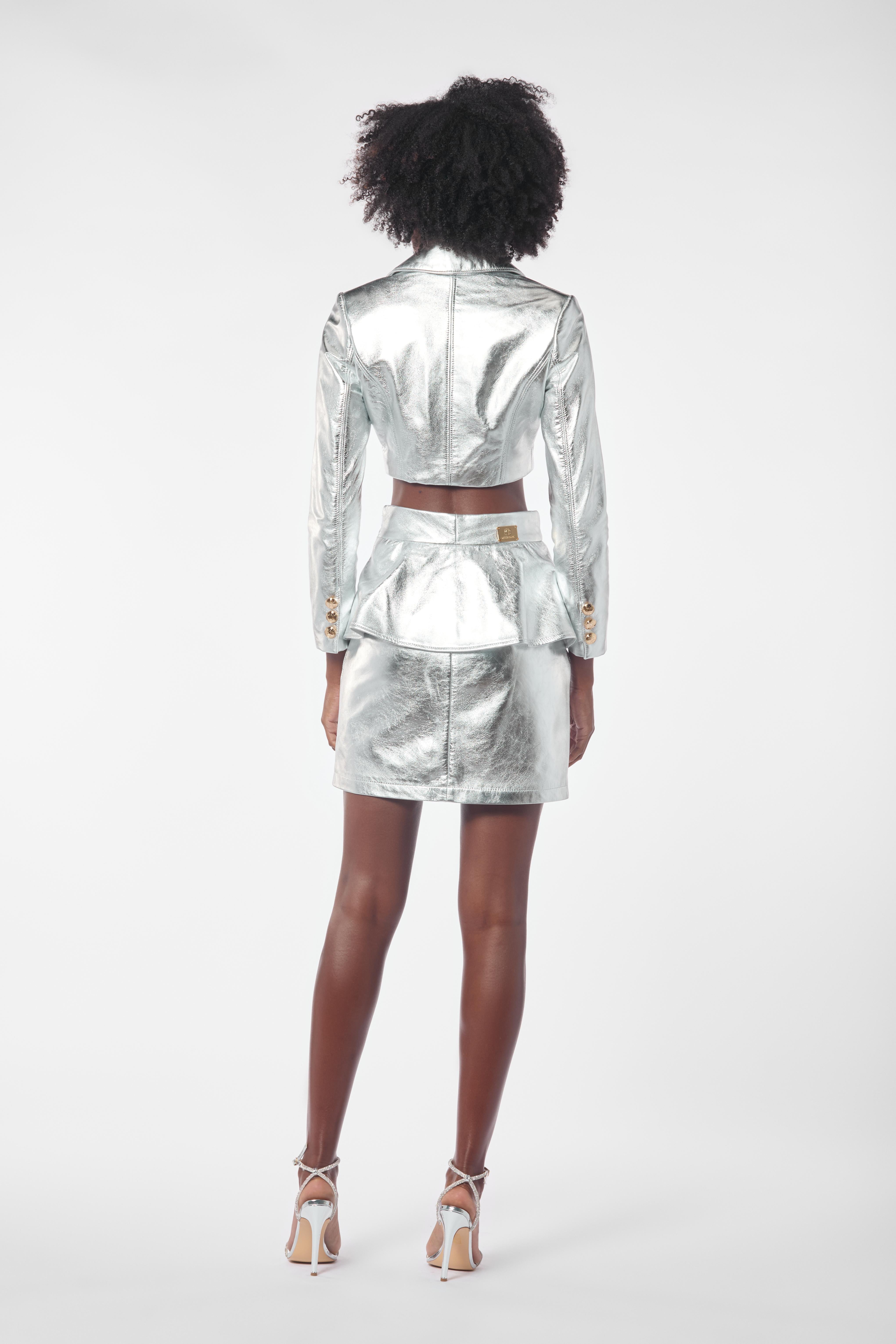Silver Metallic Lambskin Leather Skirt