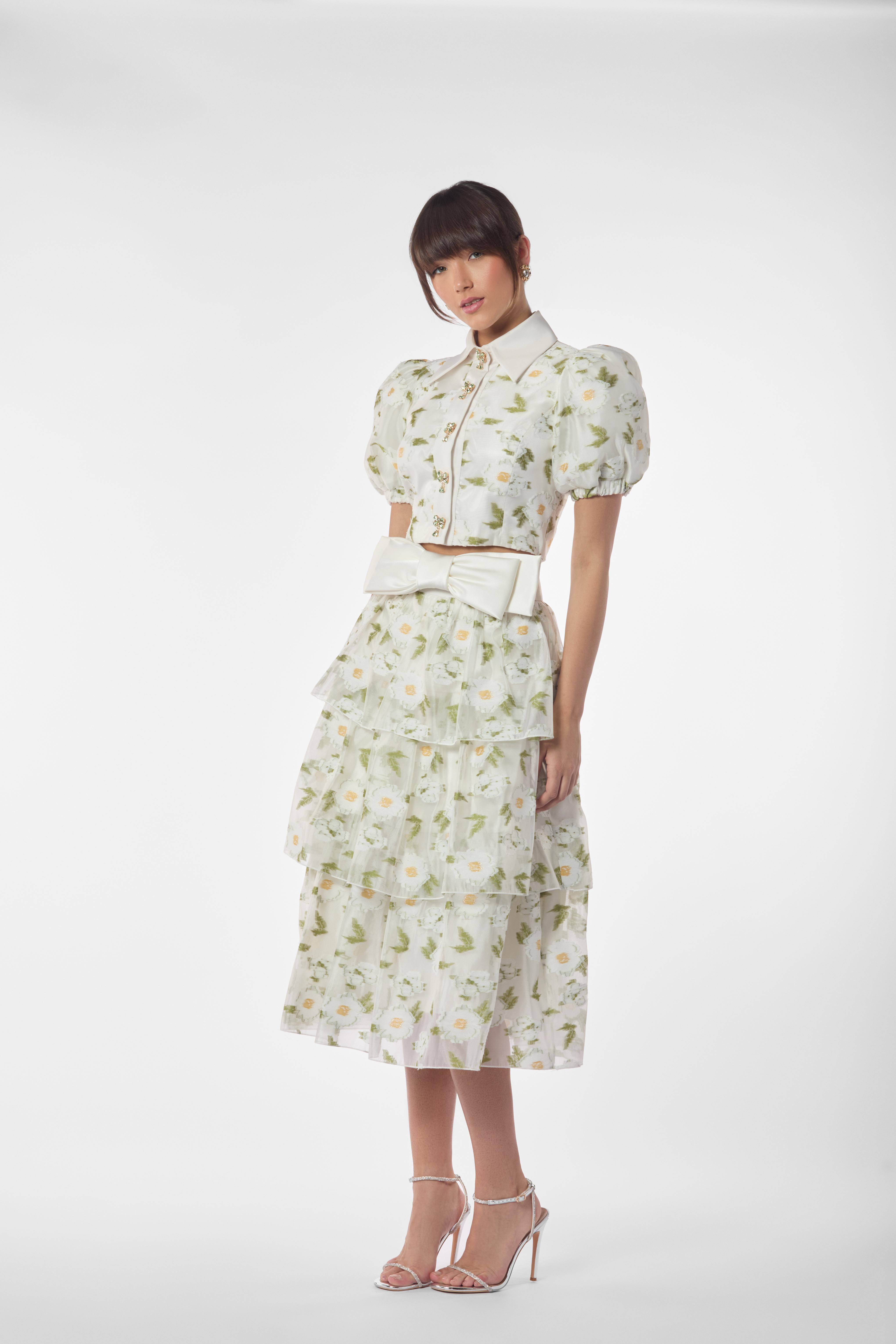 Embroidered Daisy  Layered Midi Skirt