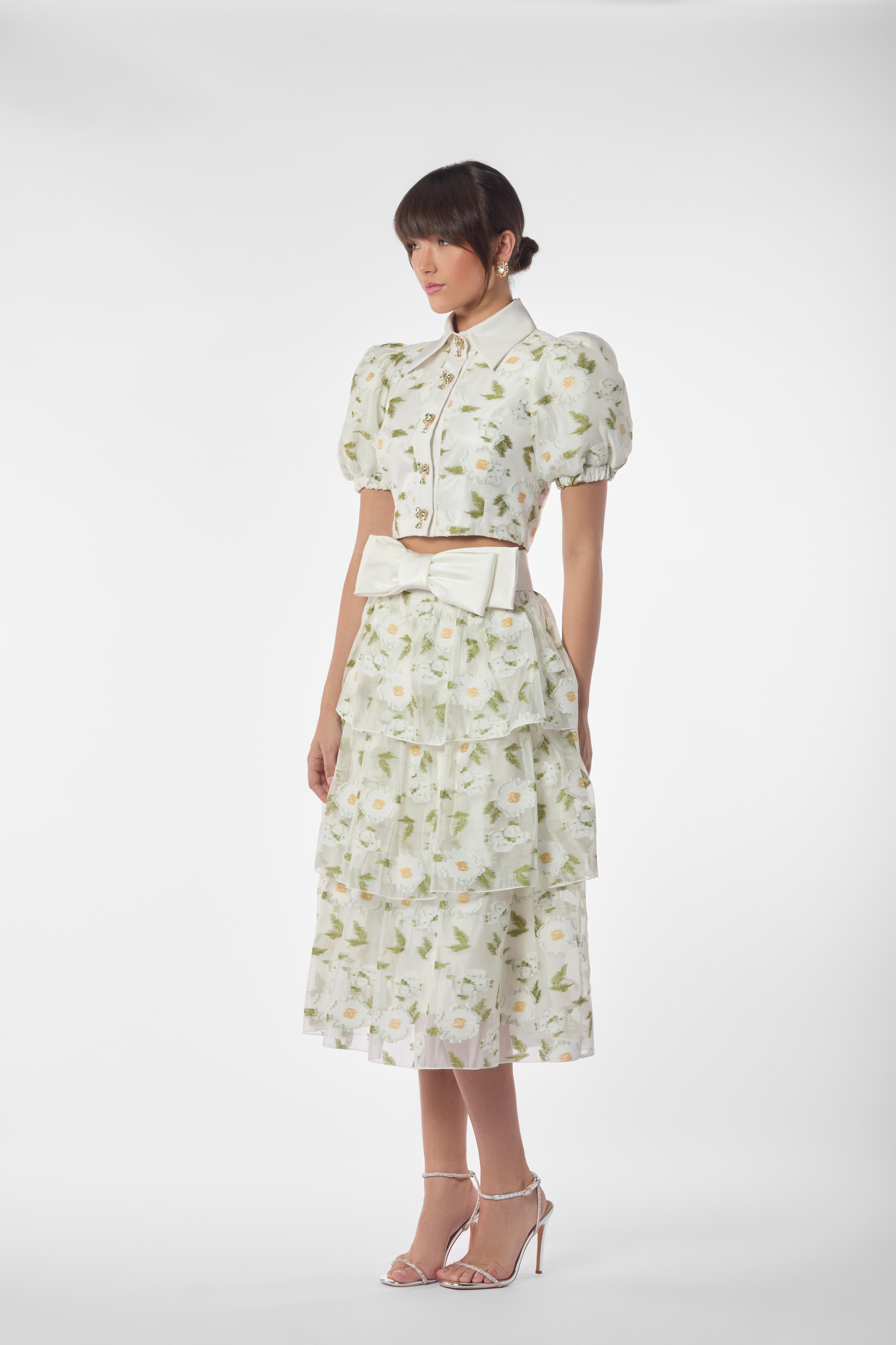 Embroidered Daisy  Layered Midi Skirt