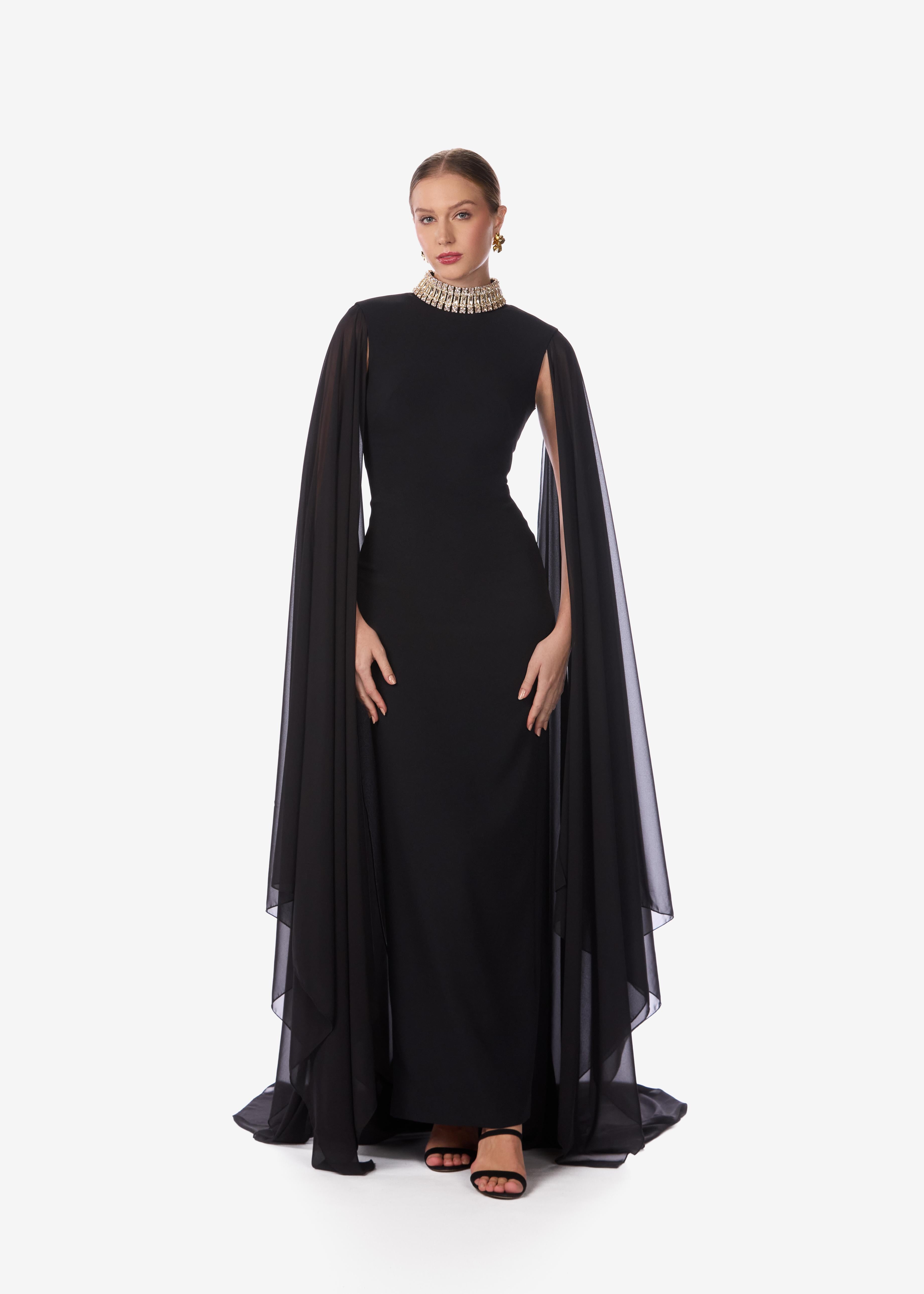 Crepe Cape Gown with Embellished Collar
