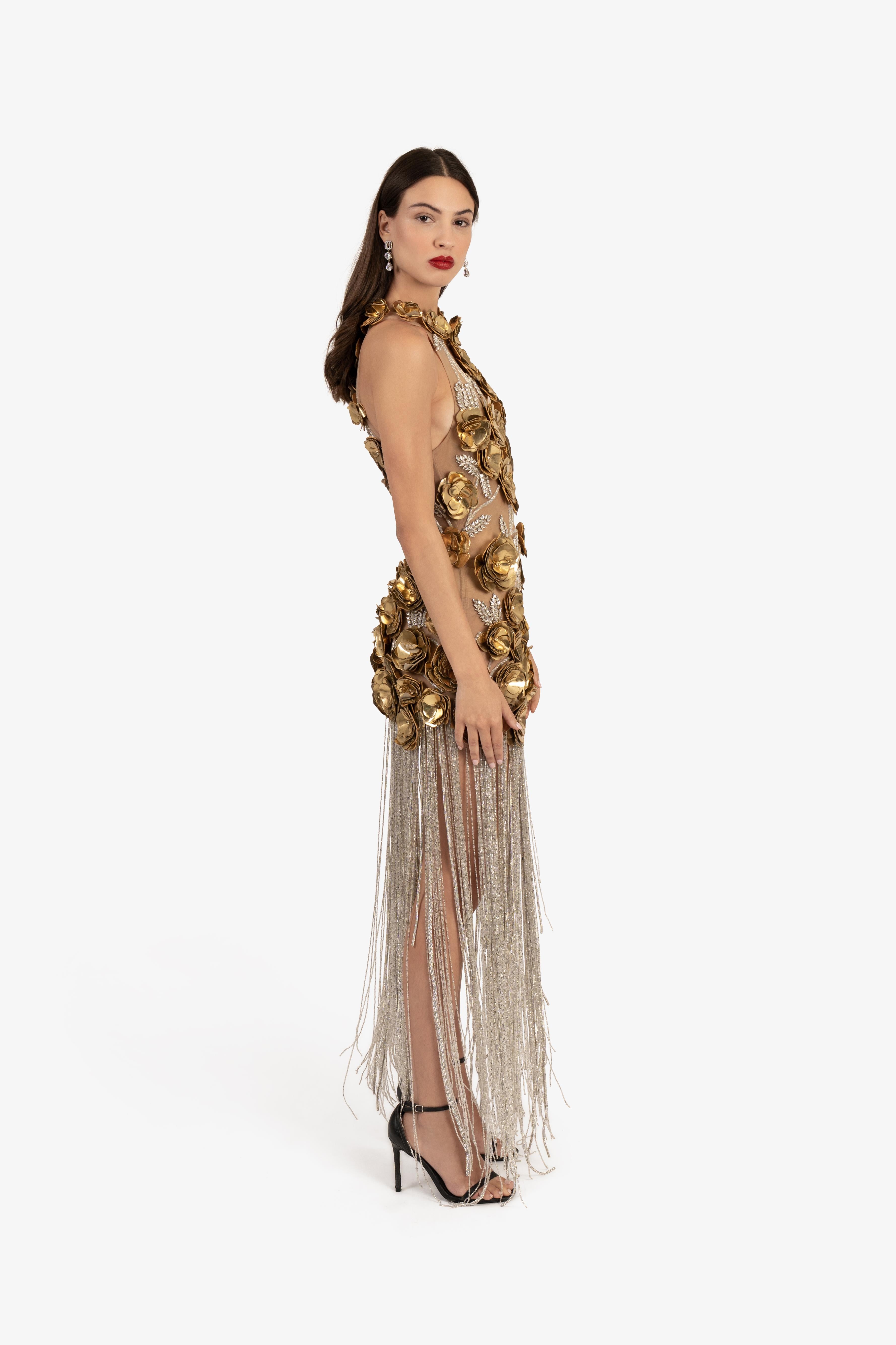 Metallic Gold 3D Floral Embroidered Fringe Cocktail Dress