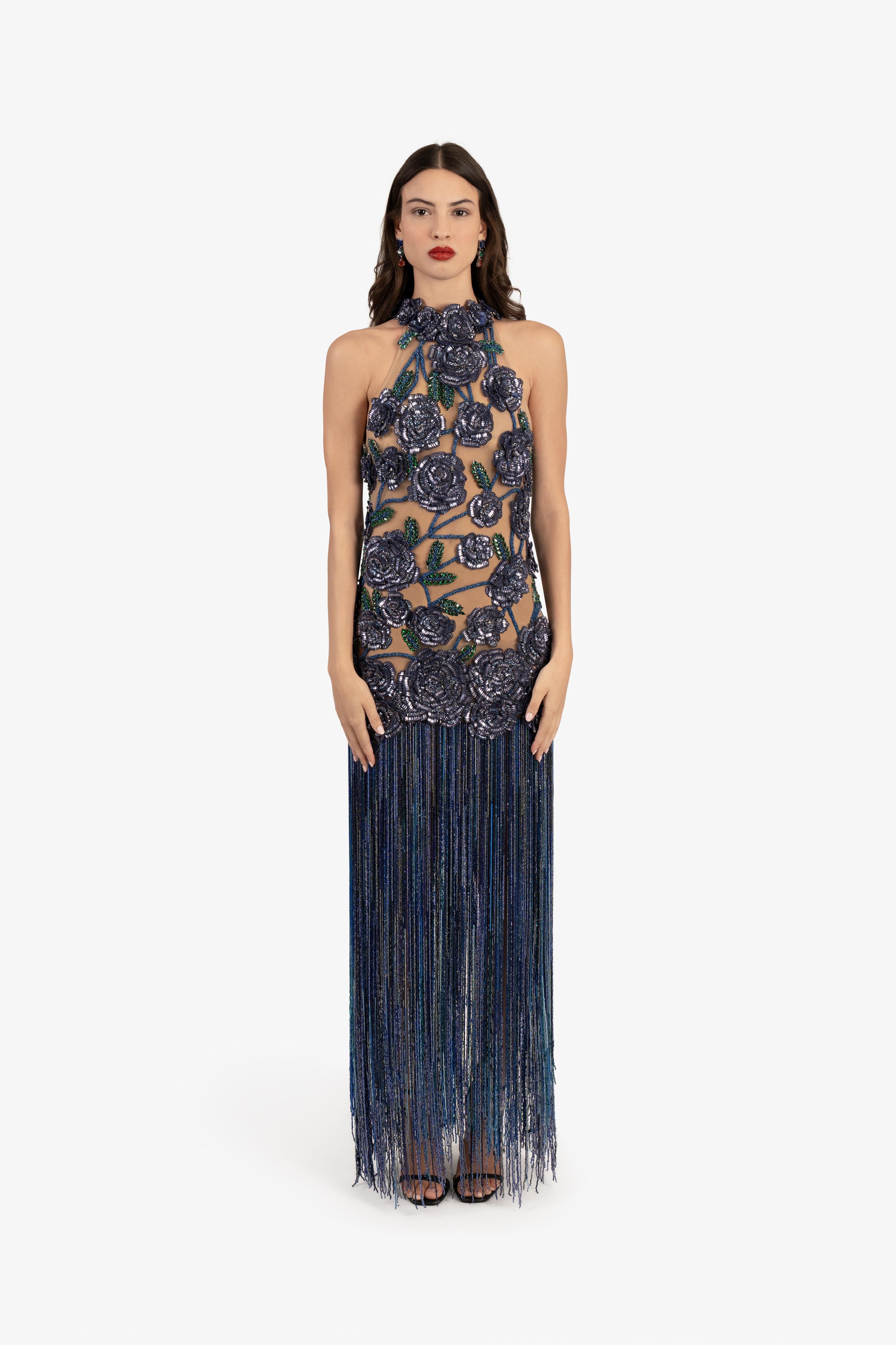 Floral Embroidered Crystal Fringe Cocktail Dress