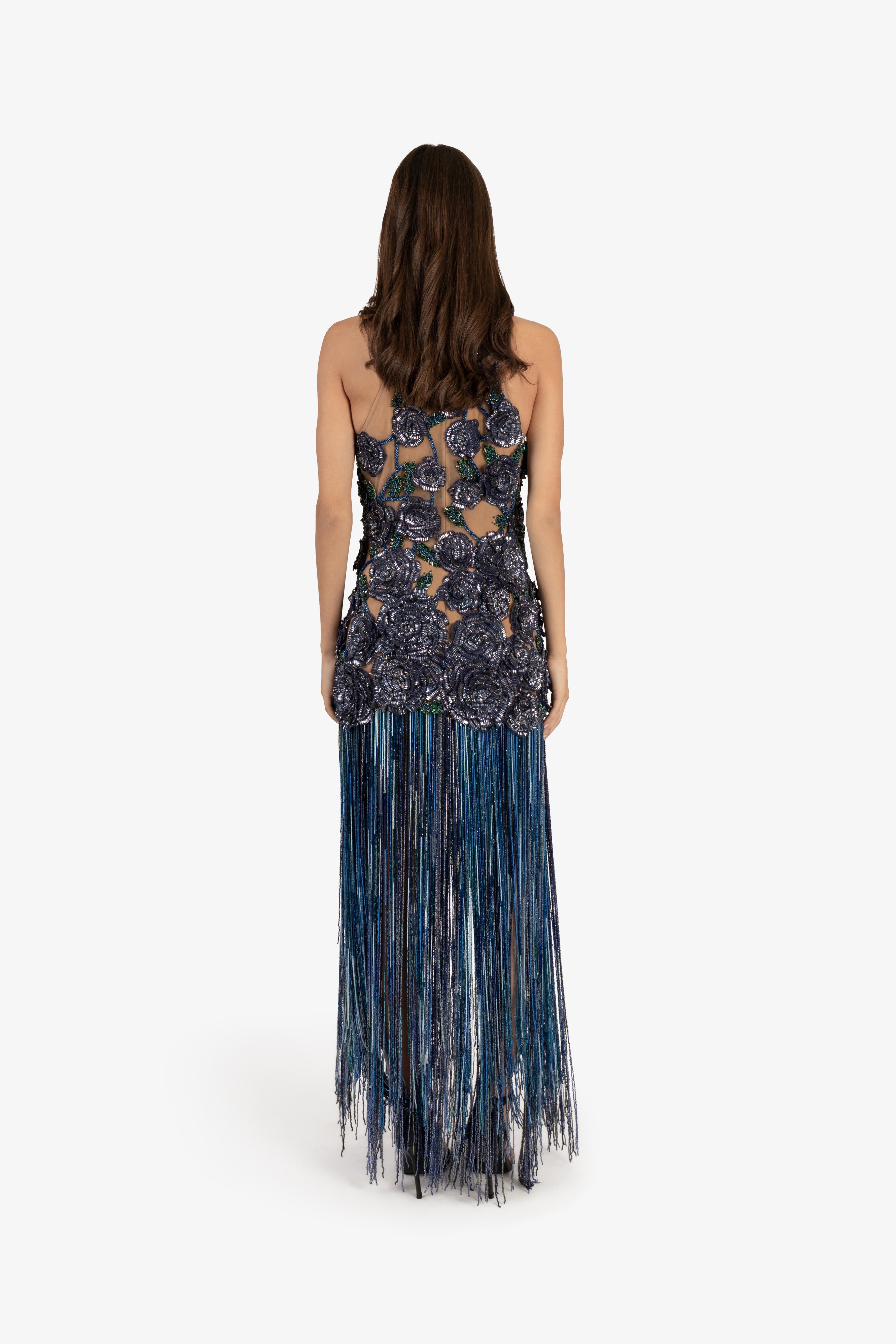 Floral Embroidered Crystal Fringe Cocktail Dress