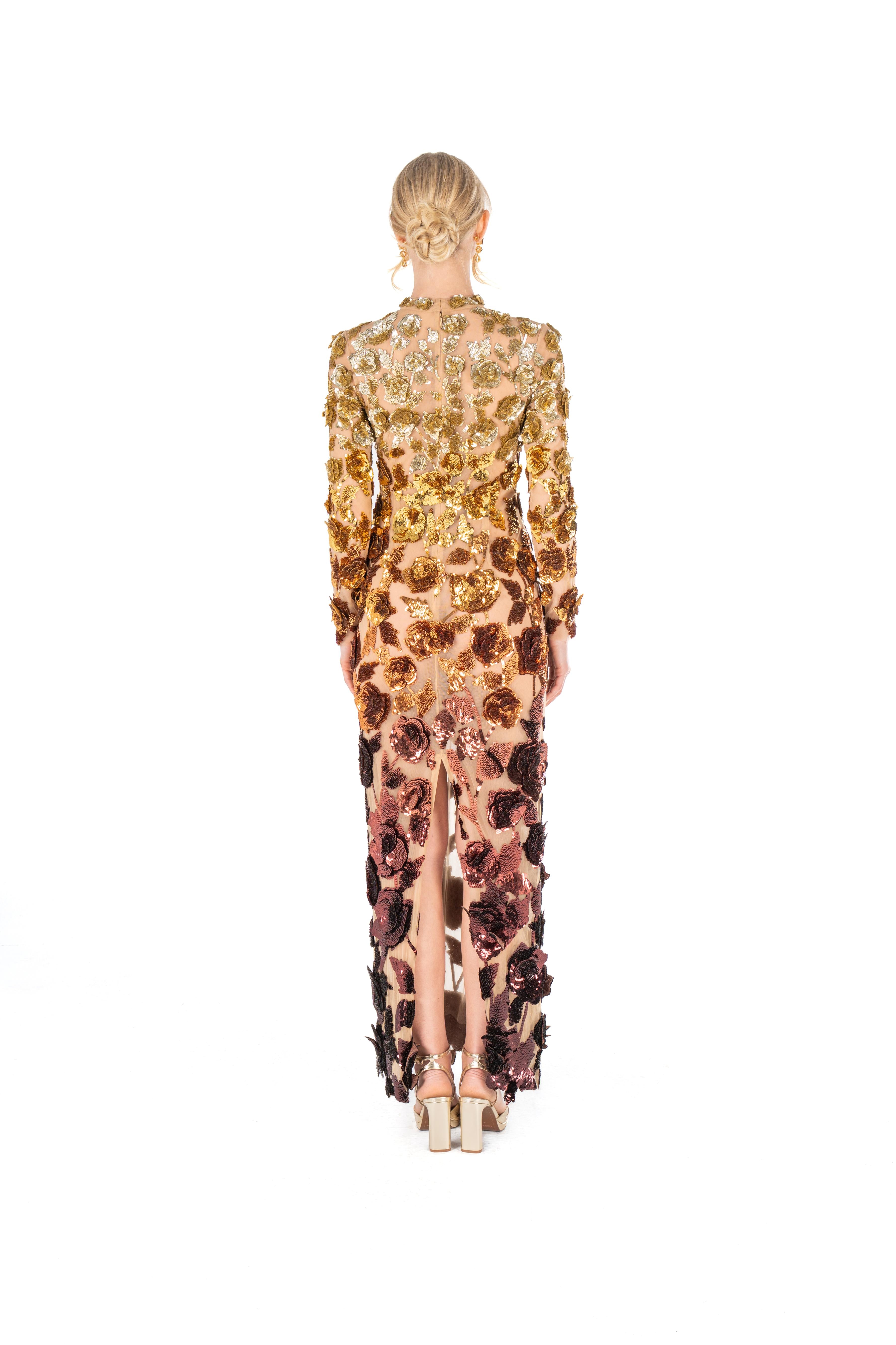 3D Floral Embroidered Sequin Gown