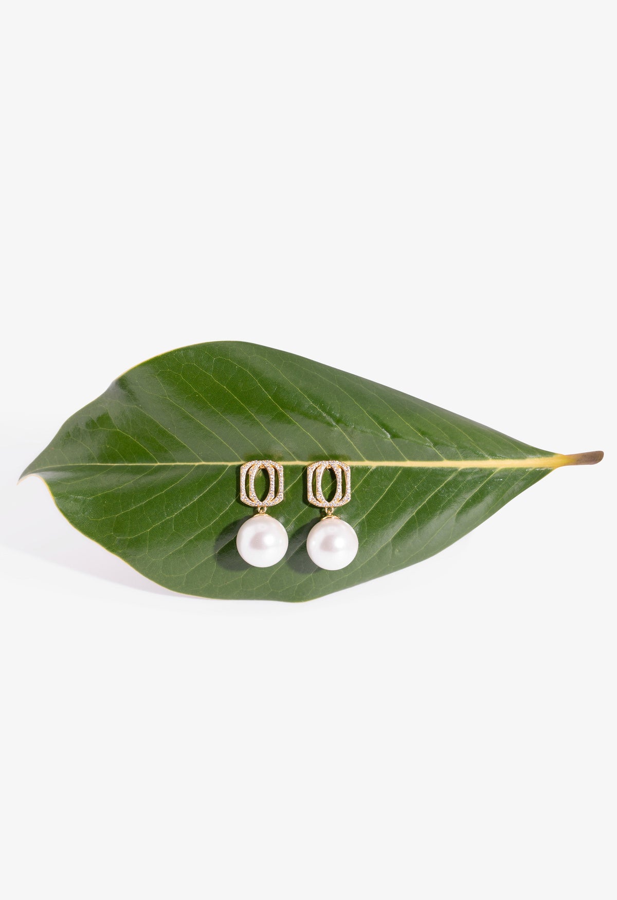 A pair of gold hoop earrings with white pearl drops, displayed on a green leaf against a clean white background.