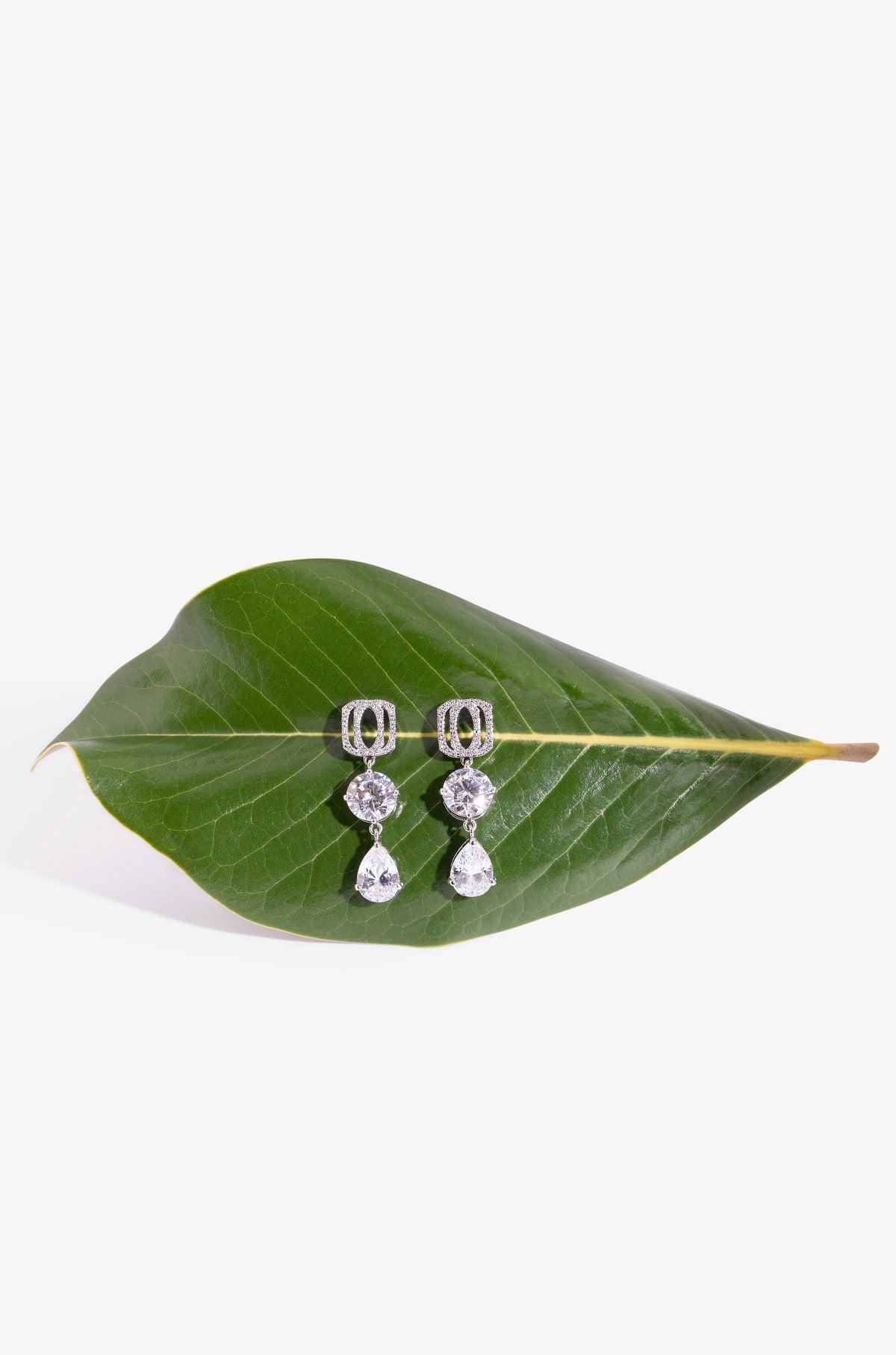 A pair of silver-toned drop earrings with clear teardrop-shaped gemstones, displayed on a green leaf against a plain white background.
