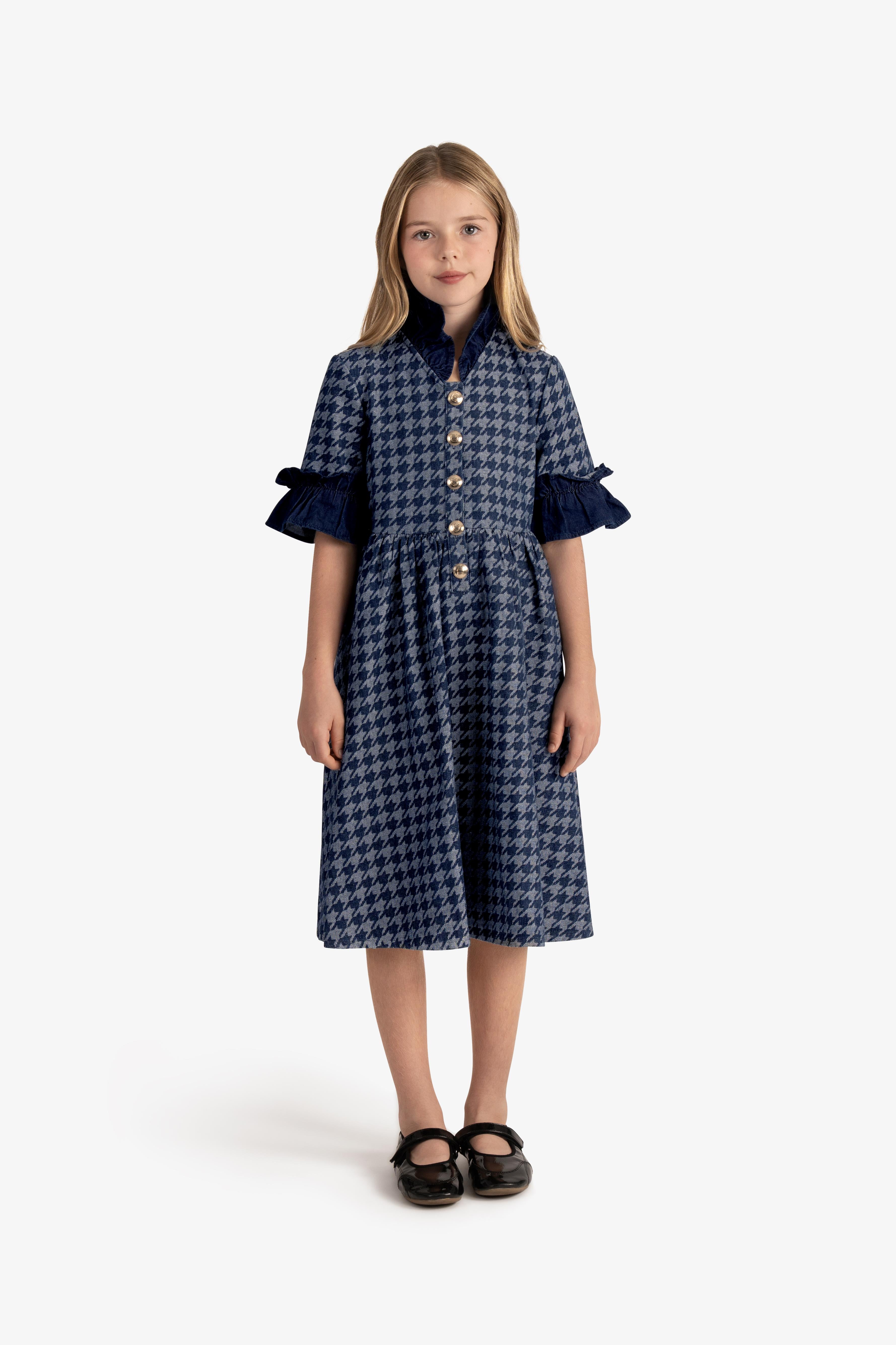 Houndstooth Denim Ruffled Dress