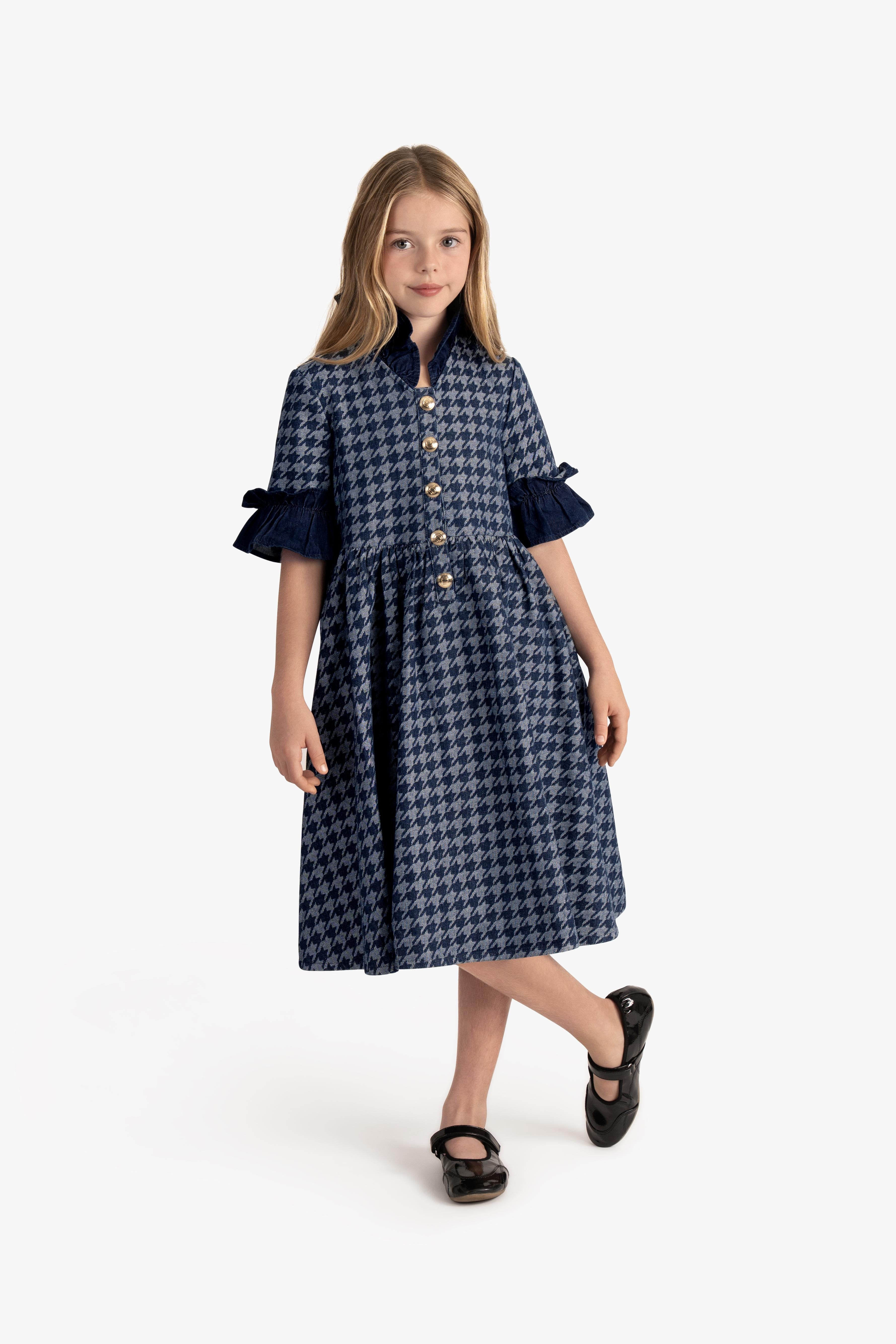 Houndstooth Denim Ruffled Dress