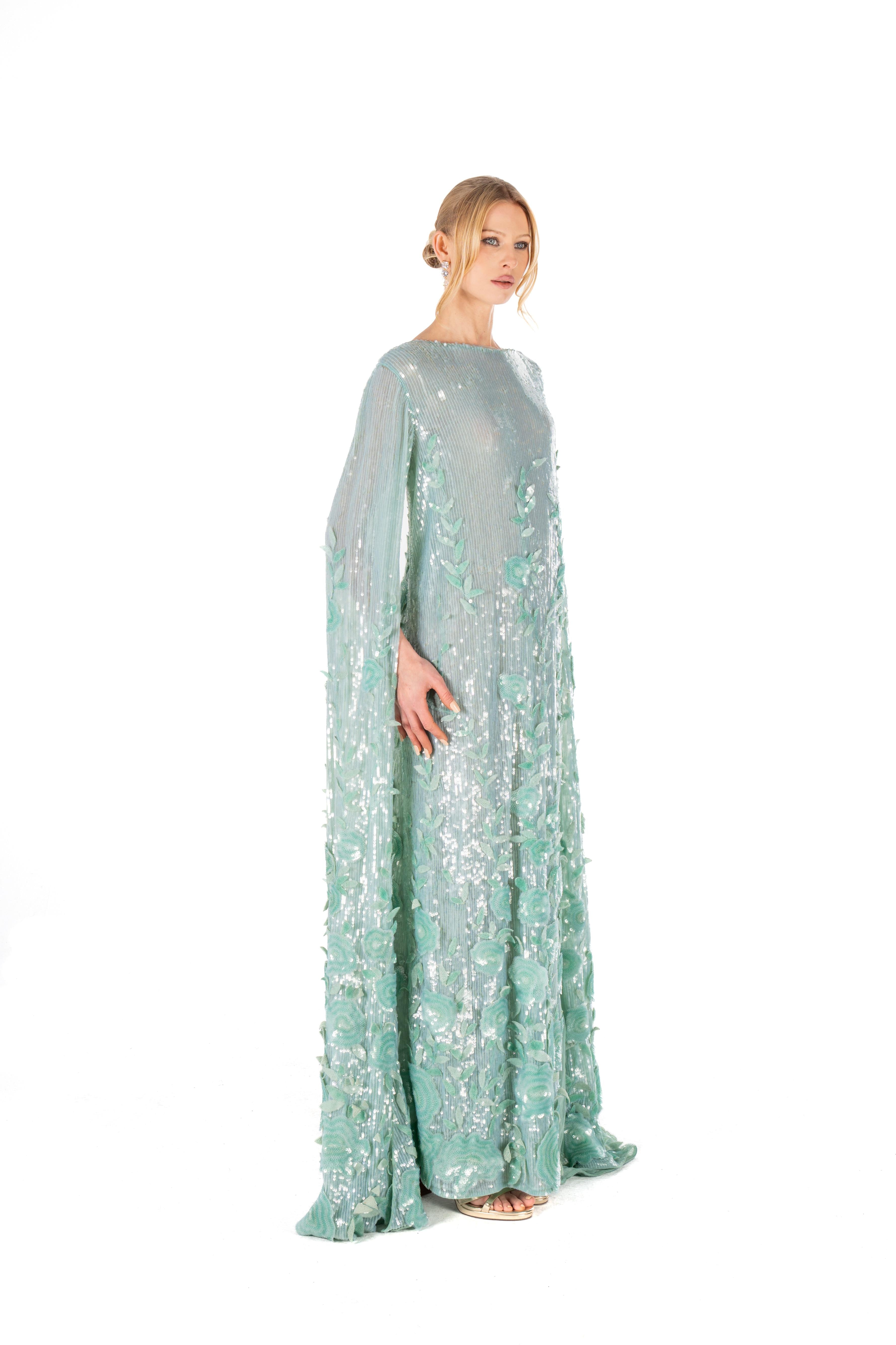 Elegant 3D Floral Embroidered Sequin Caftan with a flowing design and detailed embellishments, perfect for any special occasion.