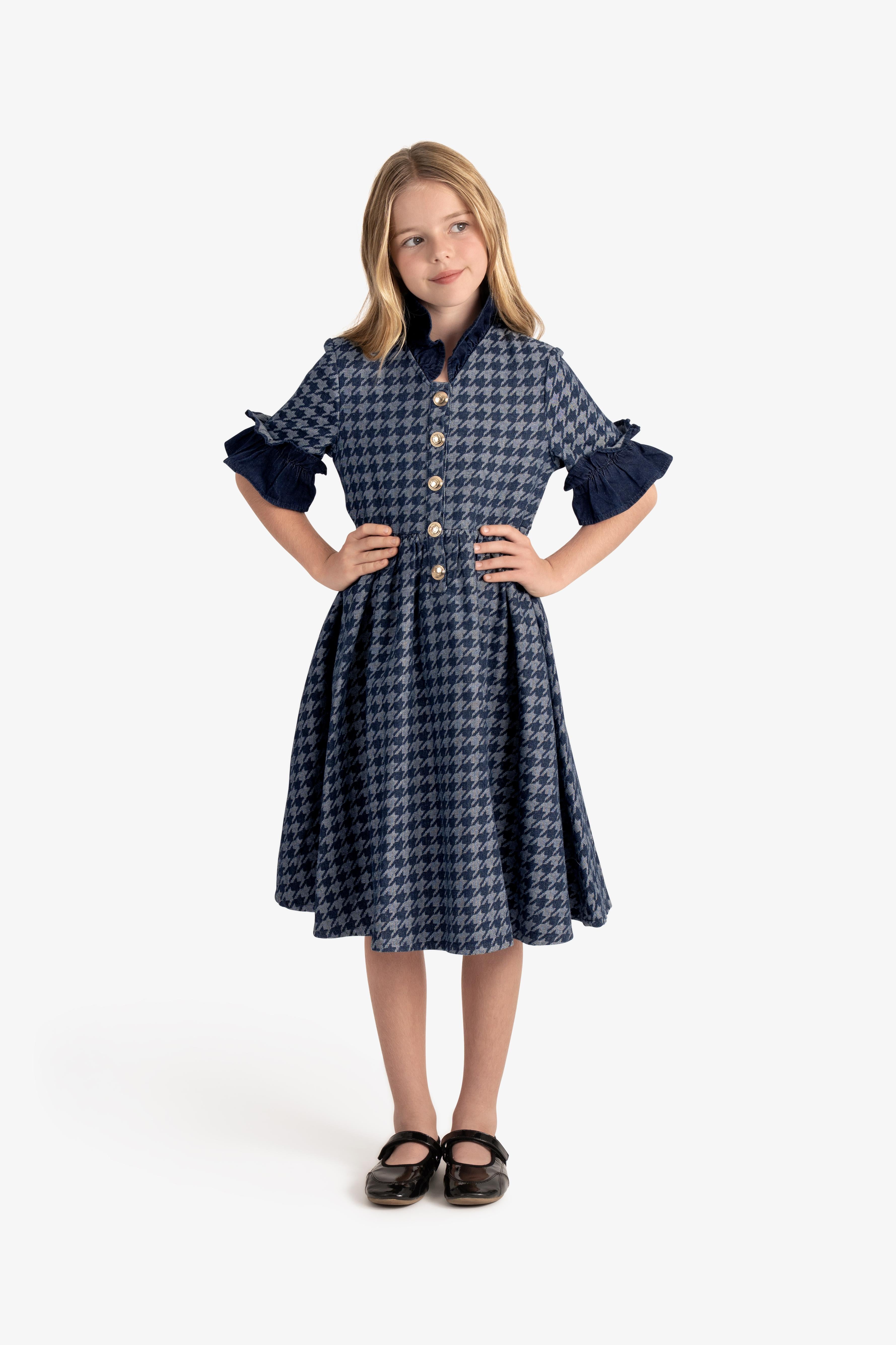 Houndstooth Denim Ruffled Dress