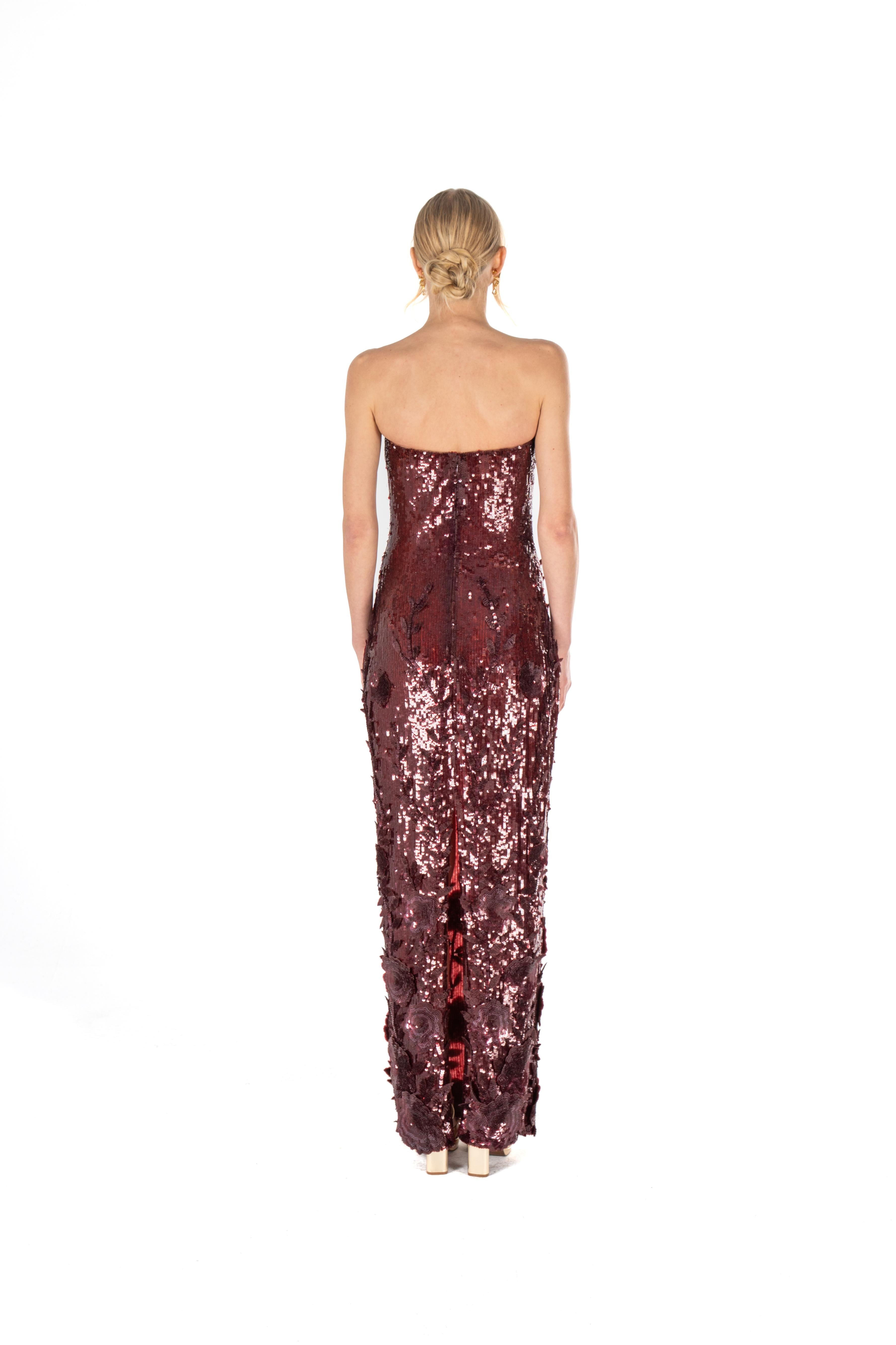 Strapless 3D Floral Embroidered Sequin Gown