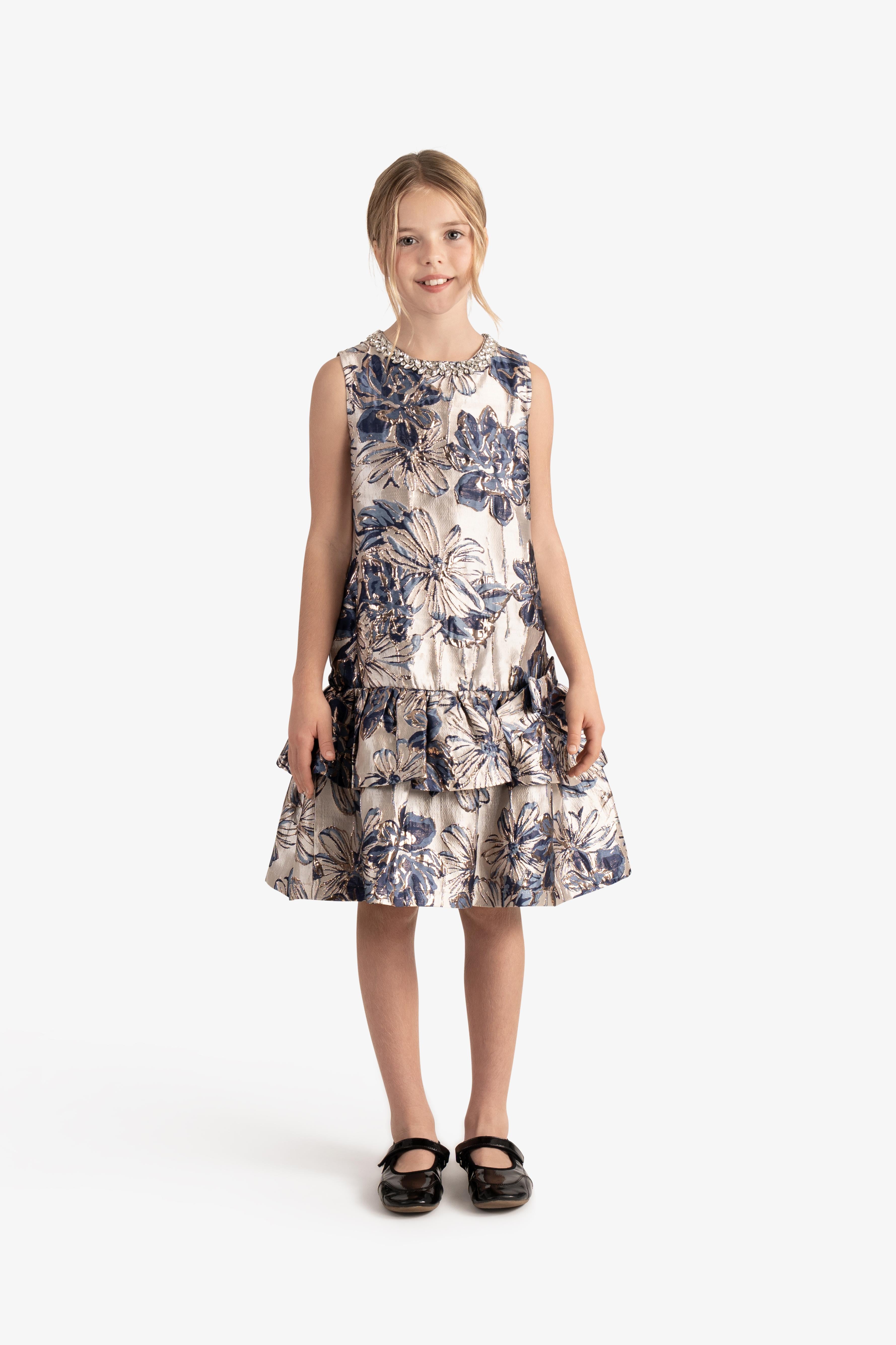 Metallic Floral Jacquard Tiered Dress