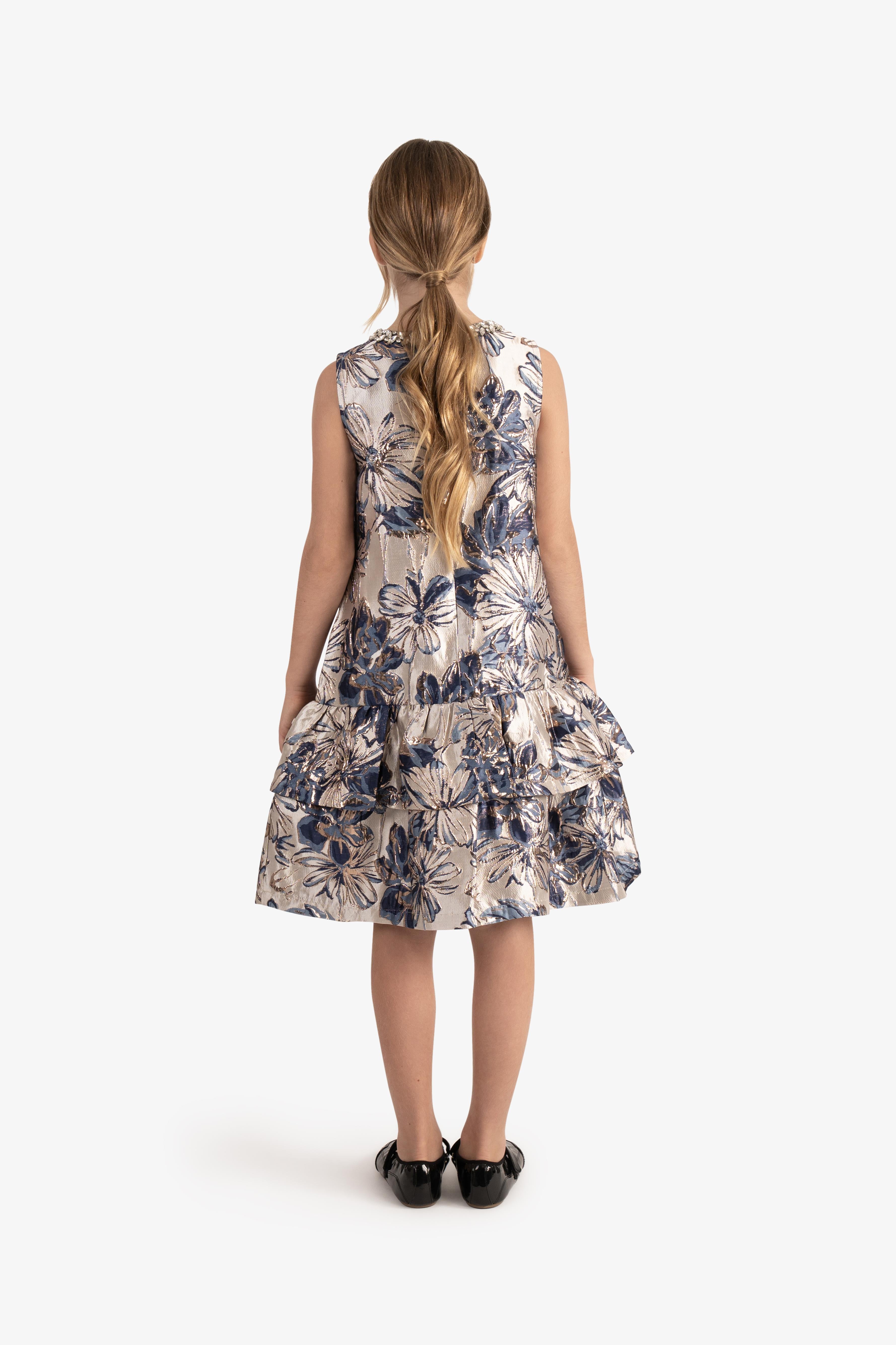 Metallic Floral Jacquard Tiered Dress