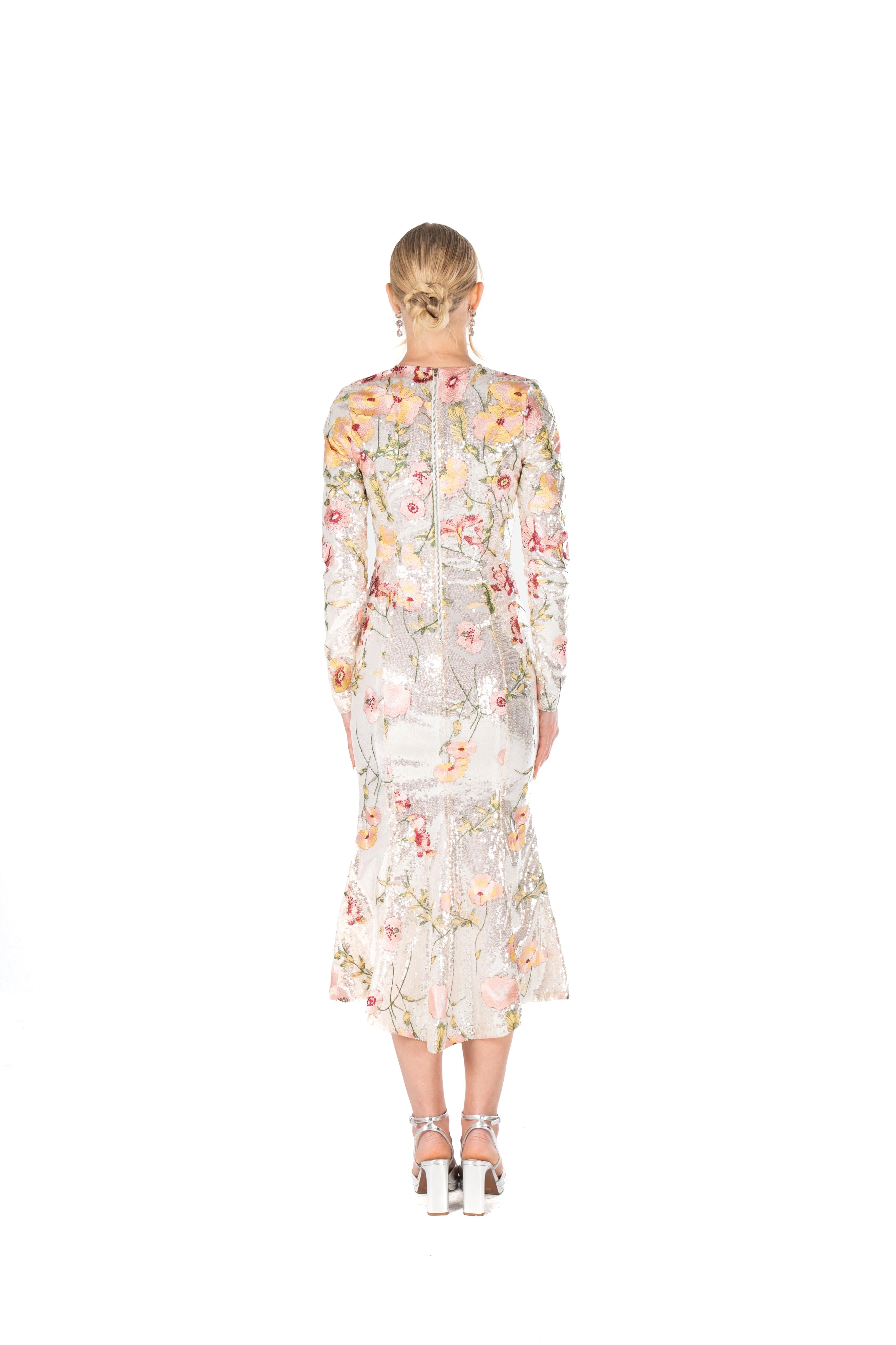 Embroidered Floral Sequin Midi Dres