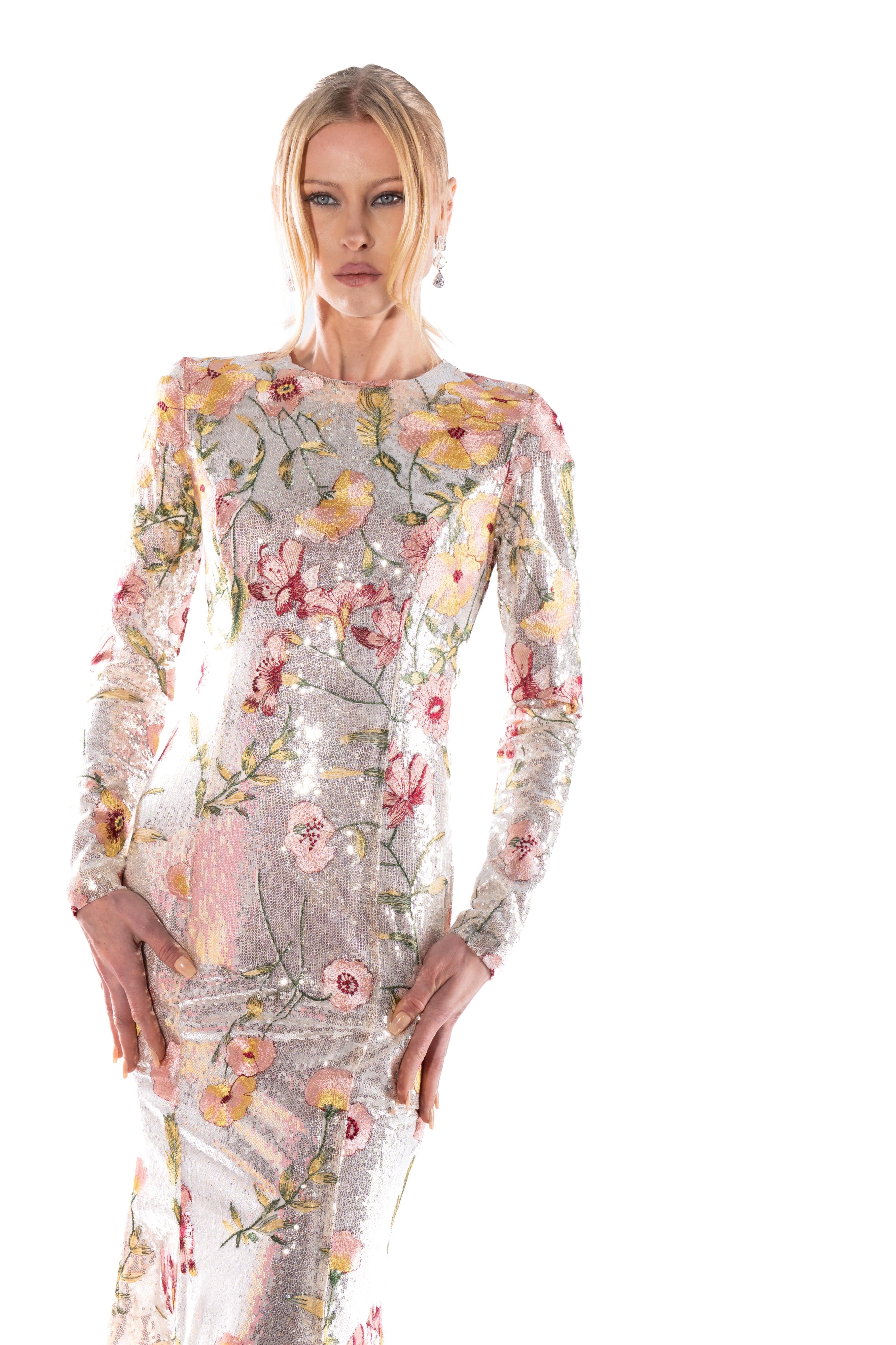 Embroidered Floral Sequin Midi Dres
