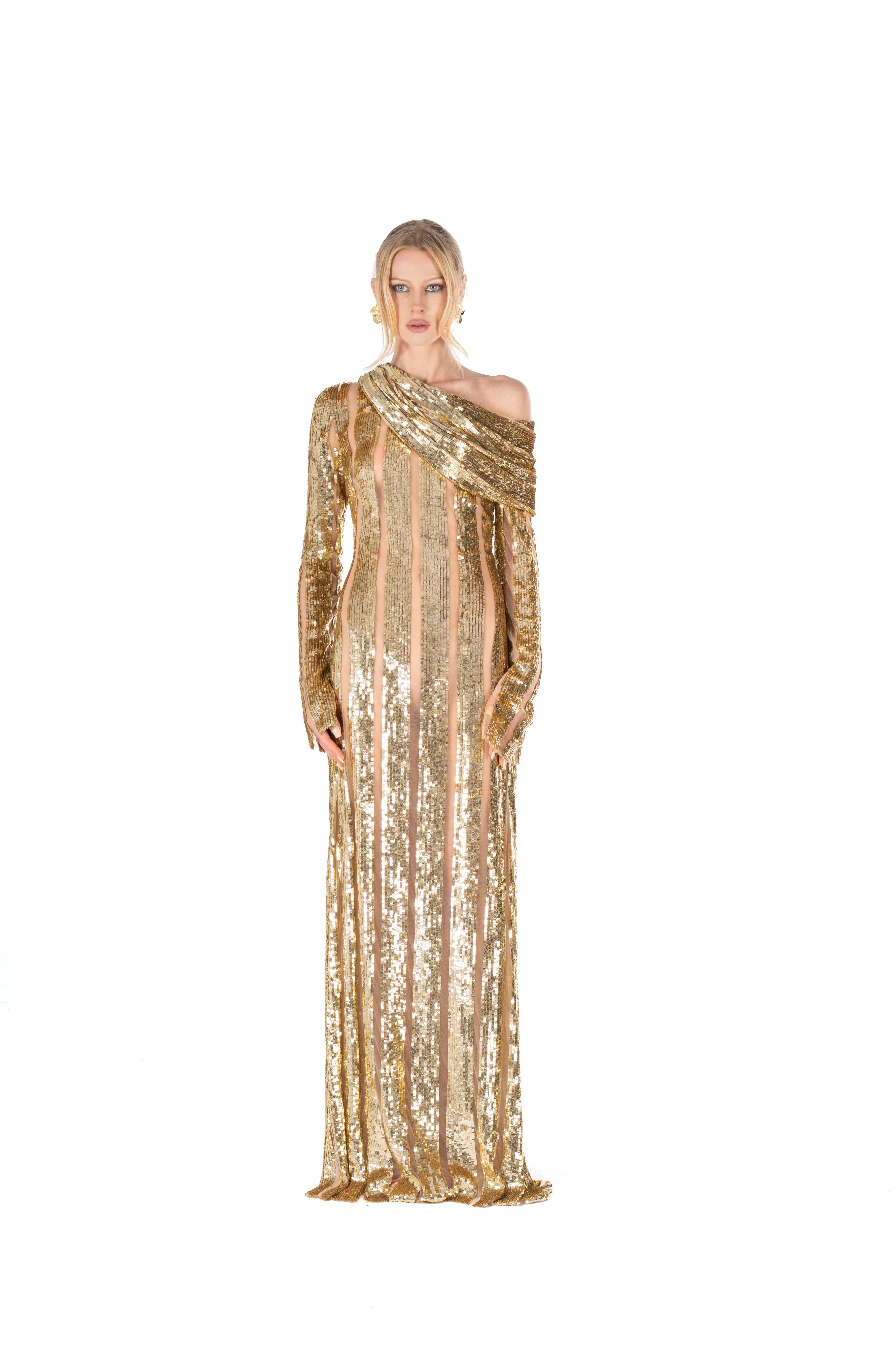 Golden Sequin Off-Shoulder Gown