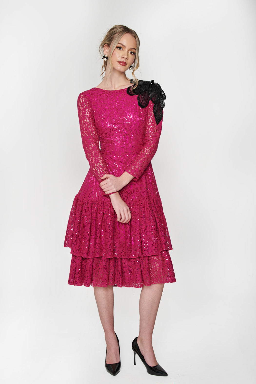 Sequin Lace Boatneck Midi Dress