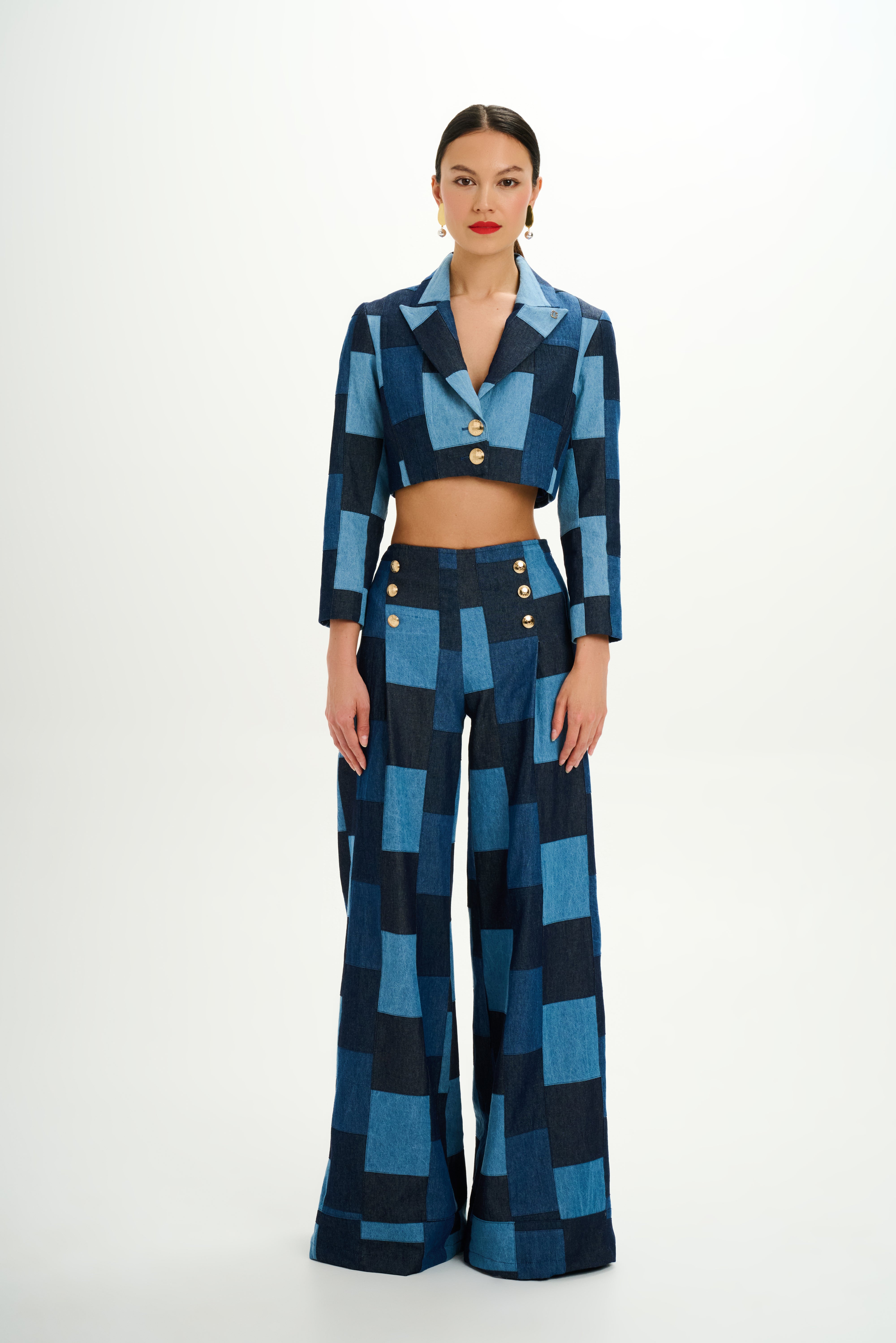 Patchwork Denim High-waisted Wide-Leg Pants