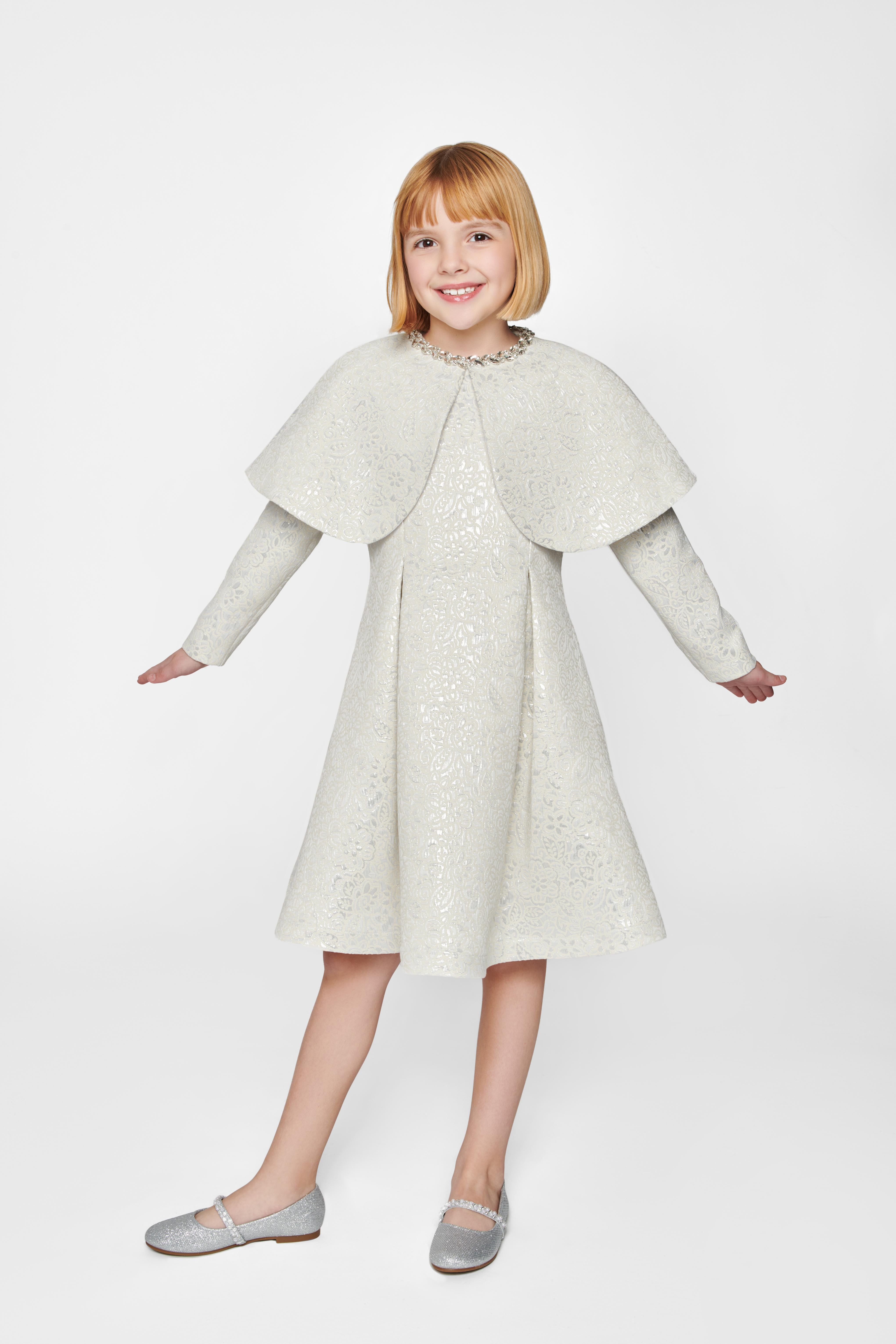 Crystal Neckline Metallic Brocade Cape Dress