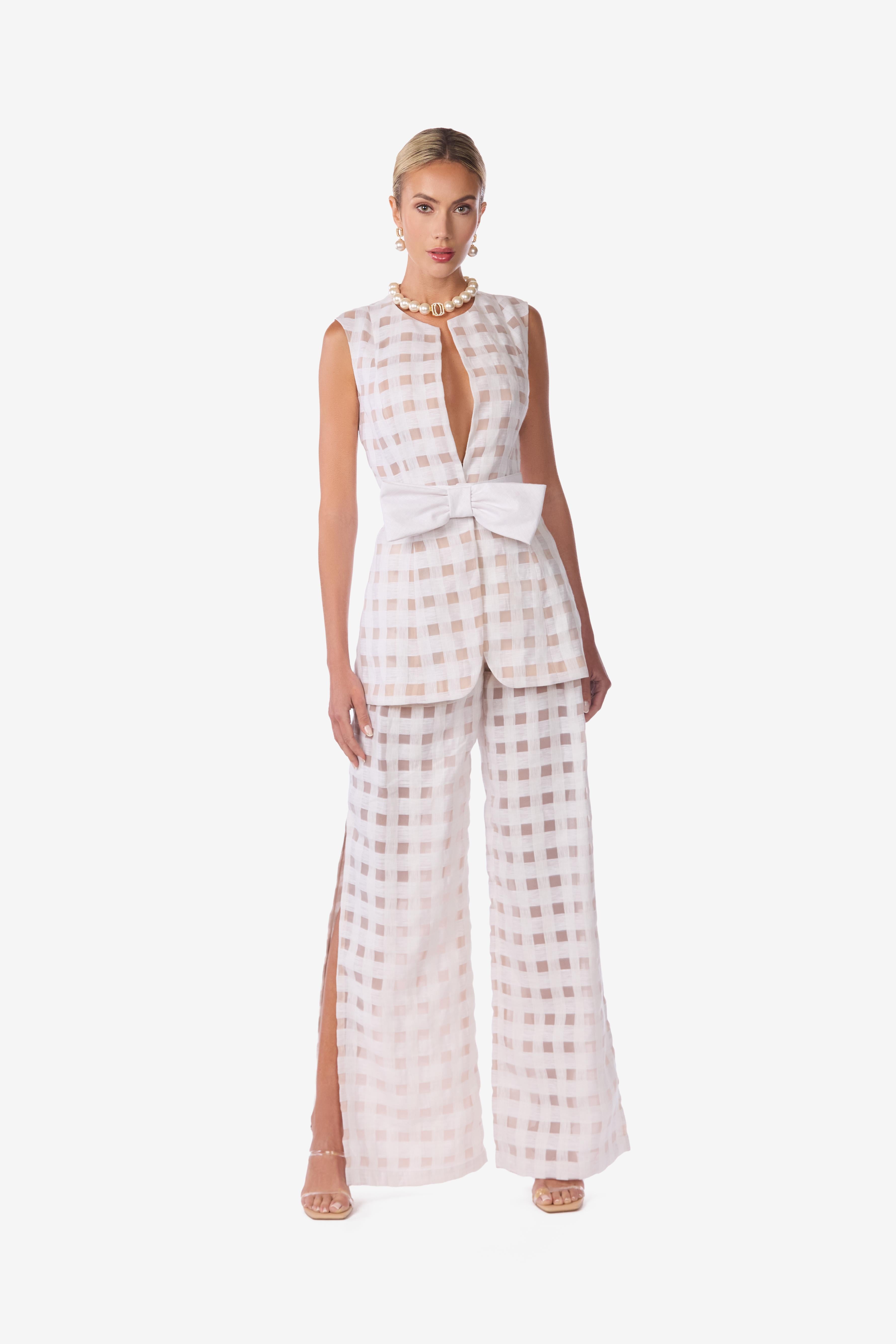 Linen Organza Windowpane High-Waisted Pants