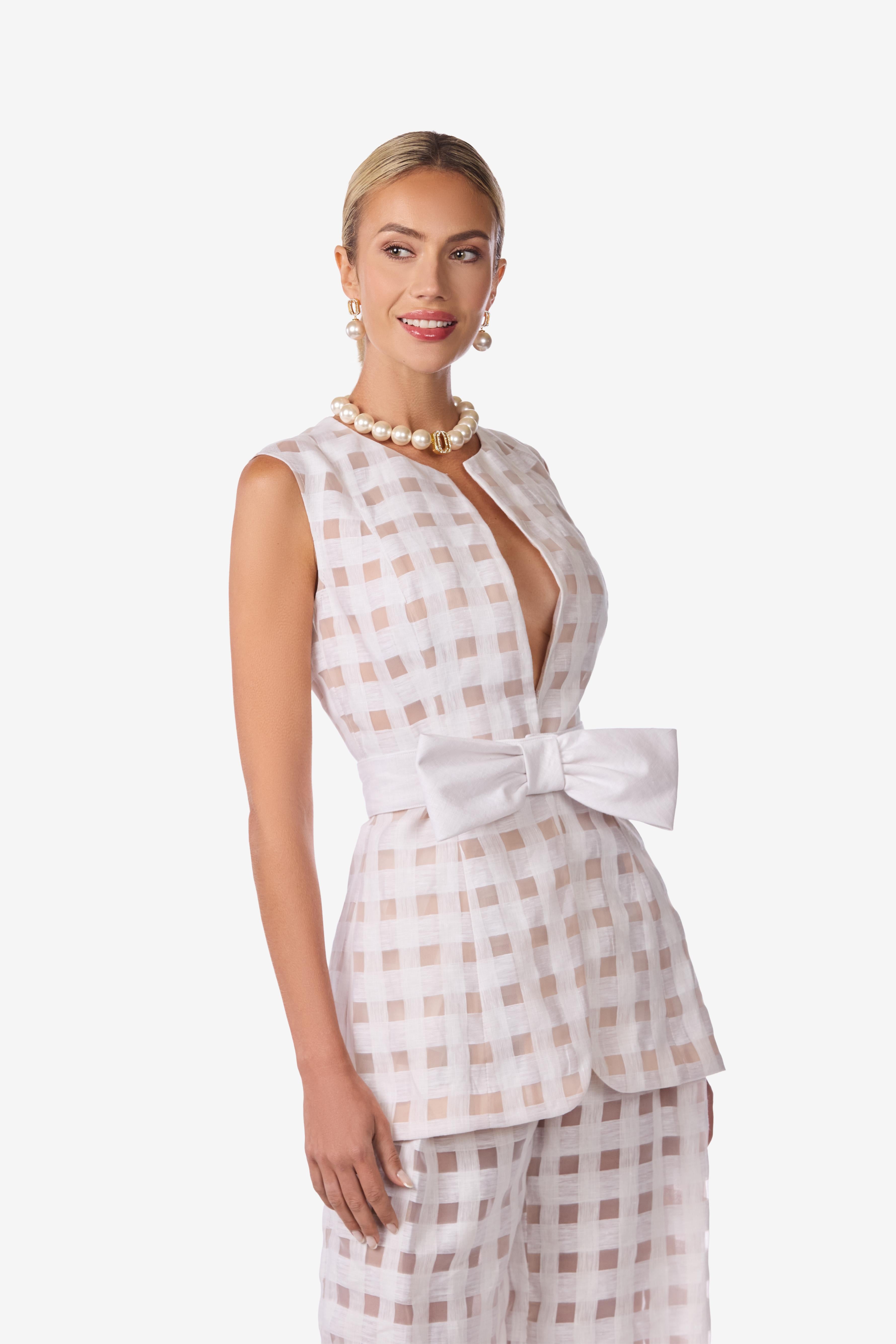 Linen Organza Windowpane Bow-Belt Vest