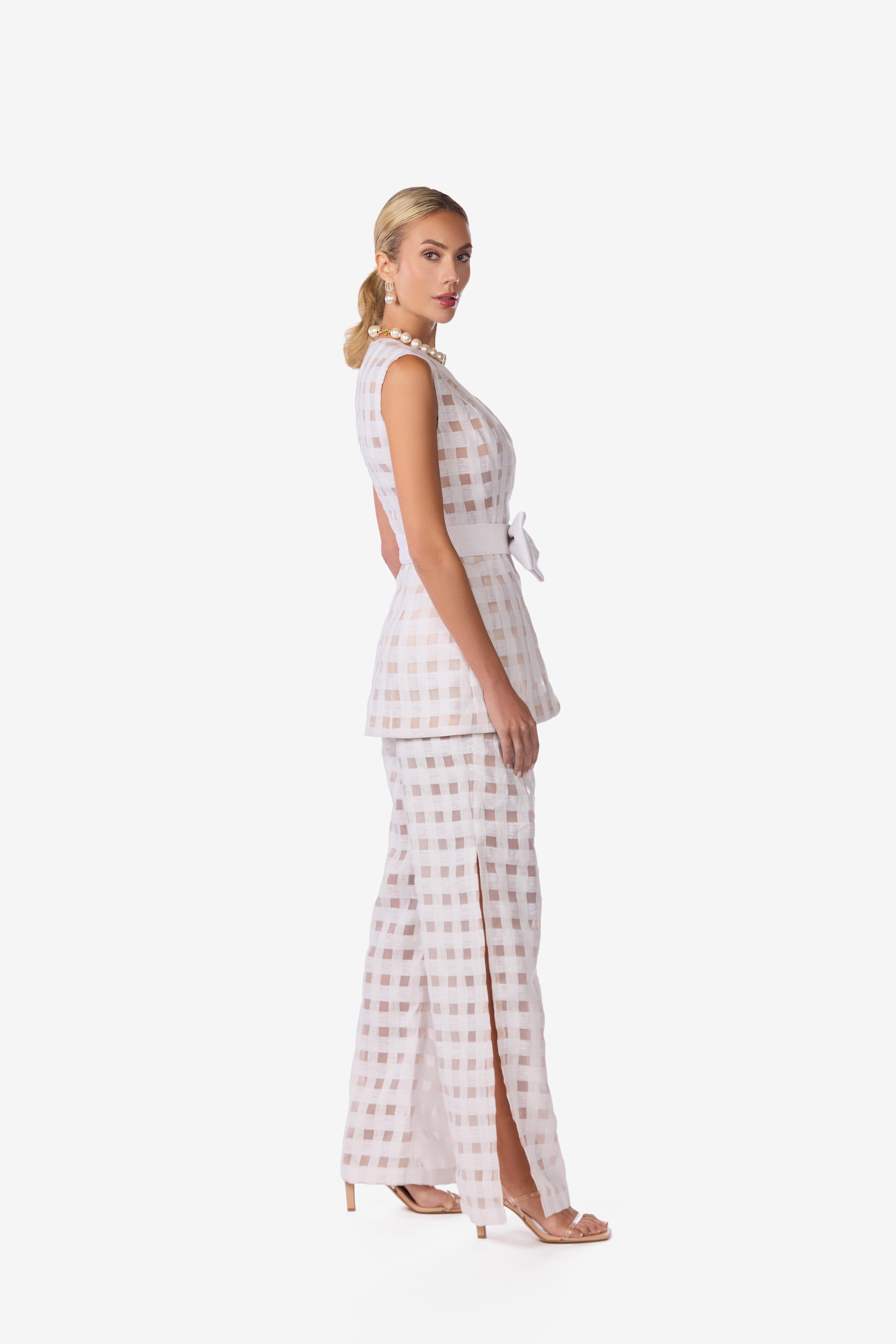 Linen Organza Windowpane High-Waisted Pants