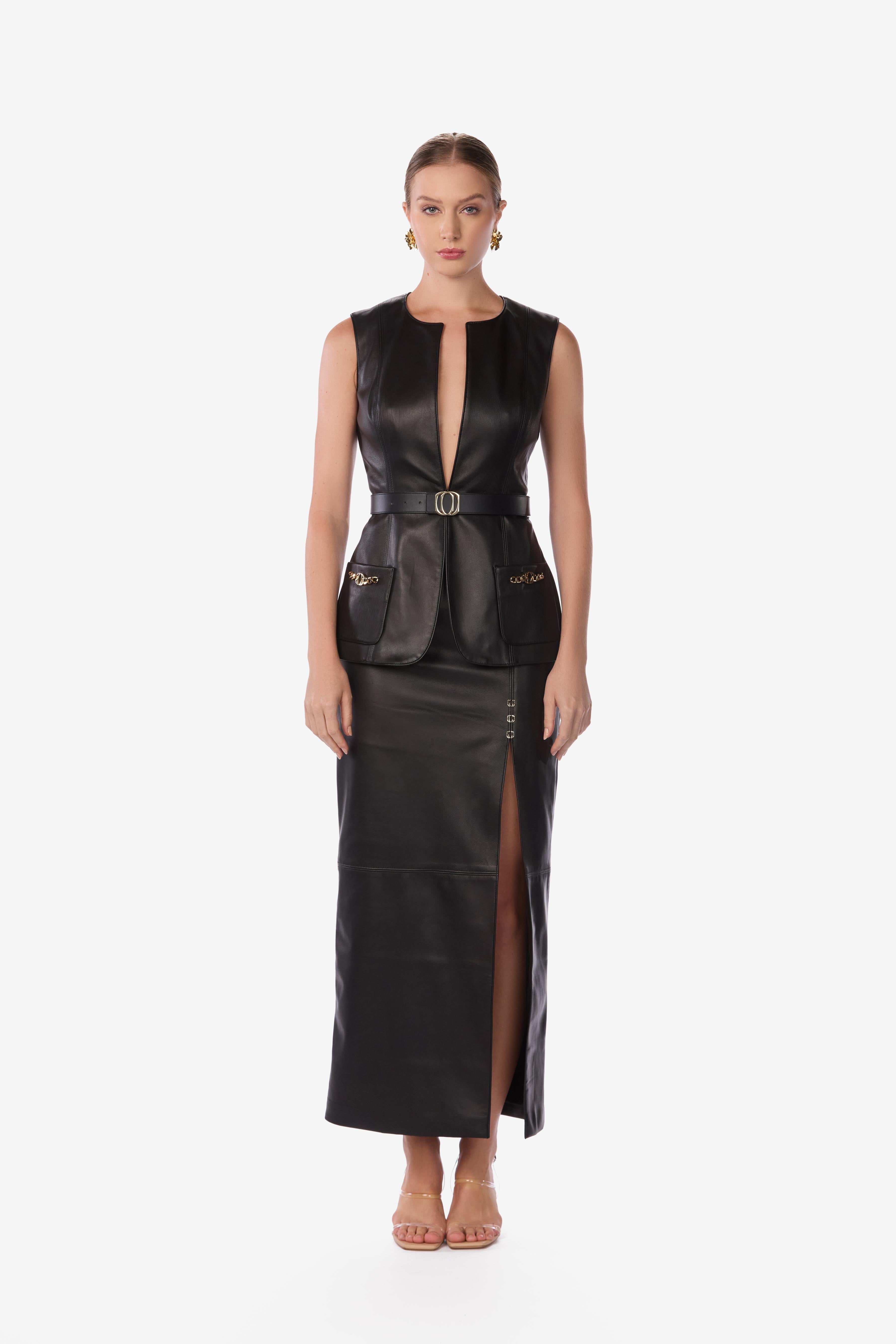 knee length dresses for ladies Milly Flat in Black Pebbled Leather – KHAITE main image 0